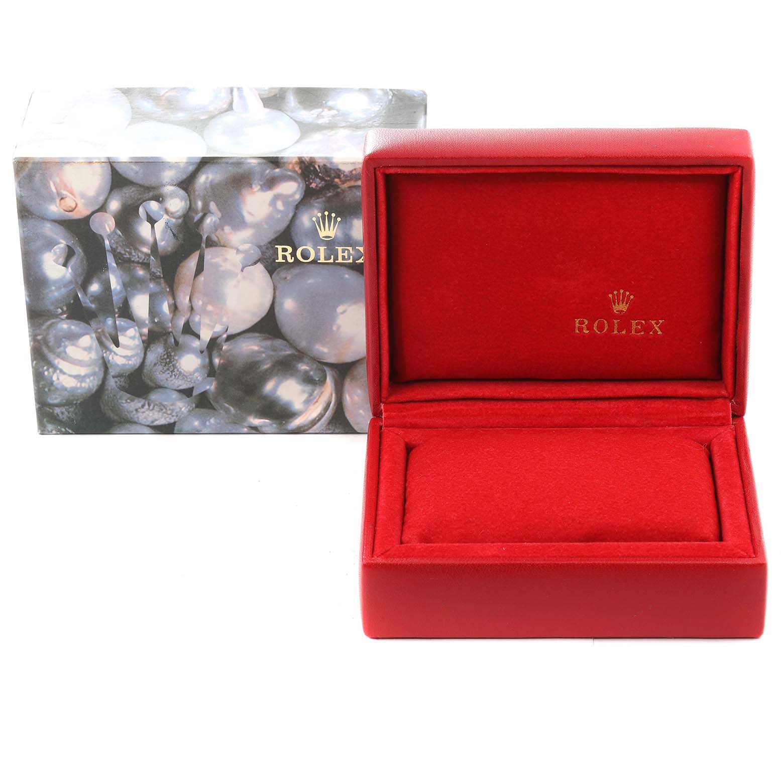 The image shows a closed Rolex Datejust 69173 Women's Steel and Gold (two tone) Black Dial 69173 Women's Steel and Gold (two tone) Black Dial watch box beside a decorative outer box from a frontal angle.