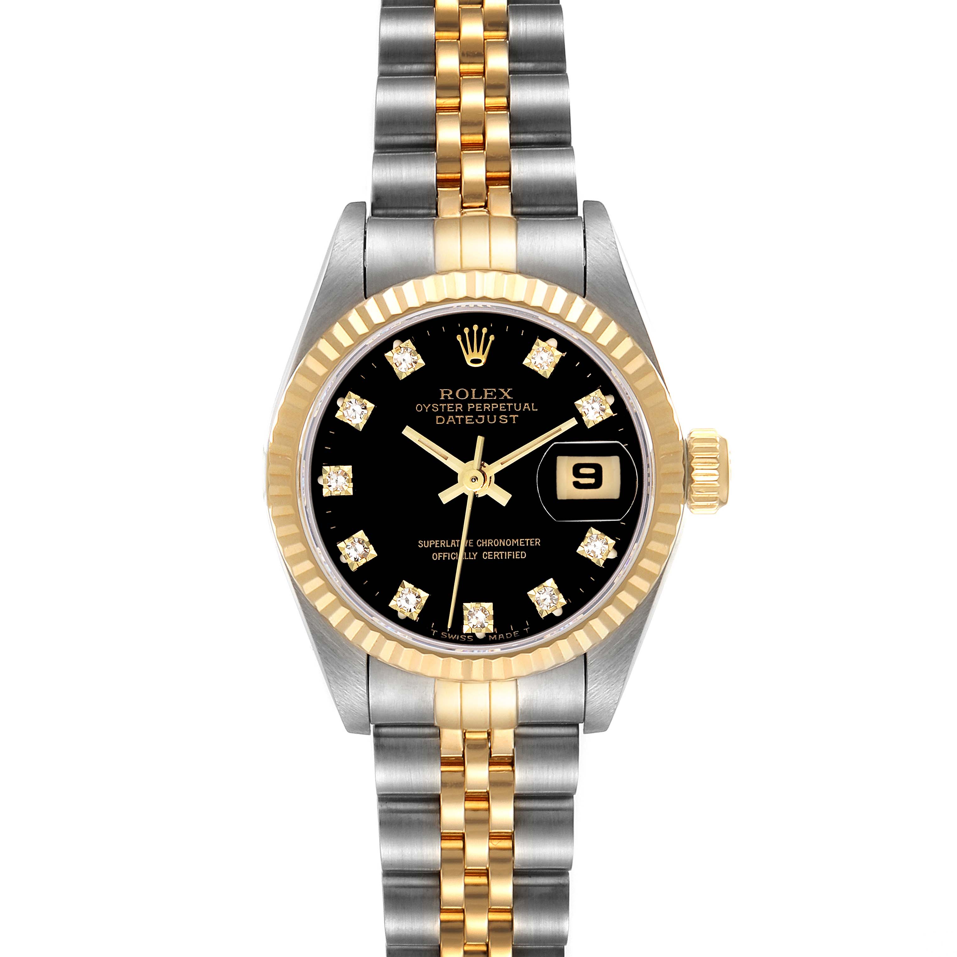 The image shows a front view of the Rolex Datejust 69173 Women's Steel and Gold (two tone) Black Dial 69173 Women's Steel and Gold (two tone) Black Dial watch featuring a black dial, diamond hour markers, and a two-tone bracelet.