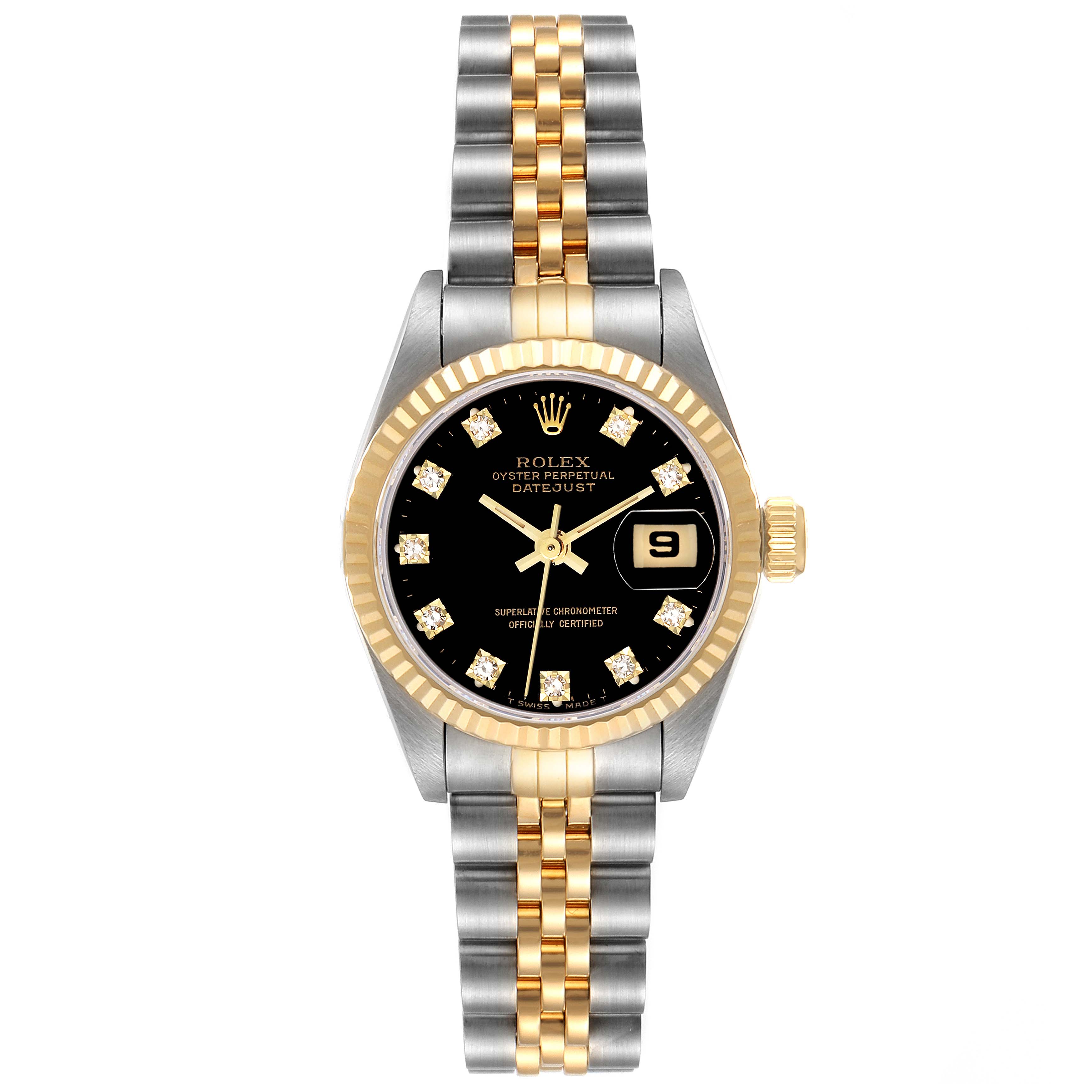 This Rolex Datejust 69173 Women's Steel and Gold (two tone) Black Dial 69173 Women's Steel and Gold (two tone) Black Dial watch is shown from a front angle, displaying its two-tone bracelet, black dial, diamond hour markers, and date window.