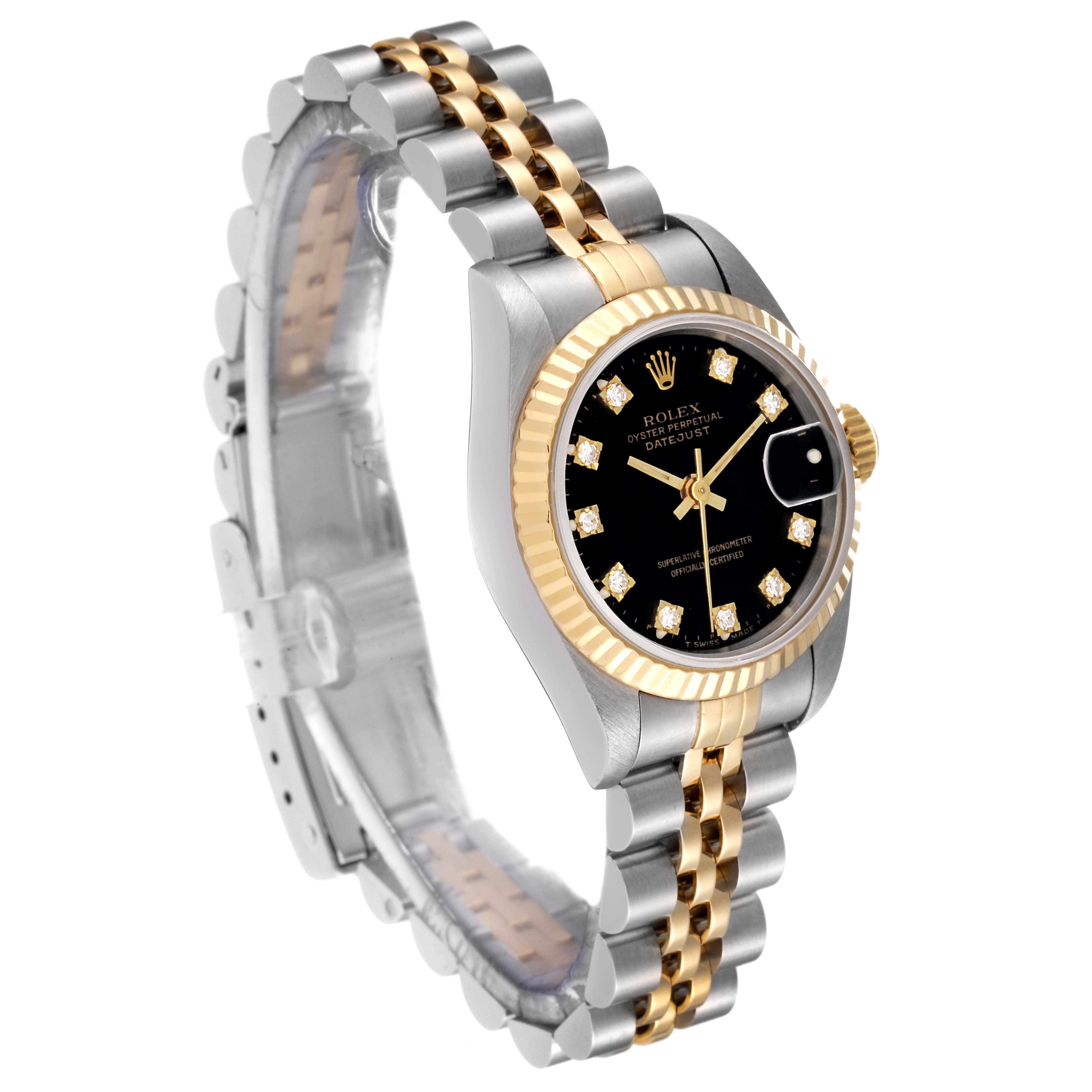 The Rolex Datejust 69173 Women's Steel and Gold (two tone) Black Dial 69173 Women's Steel and Gold (two tone) Black Dial watch is shown at an angled view, displaying its black dial, fluted bezel, and two-tone bracelet.