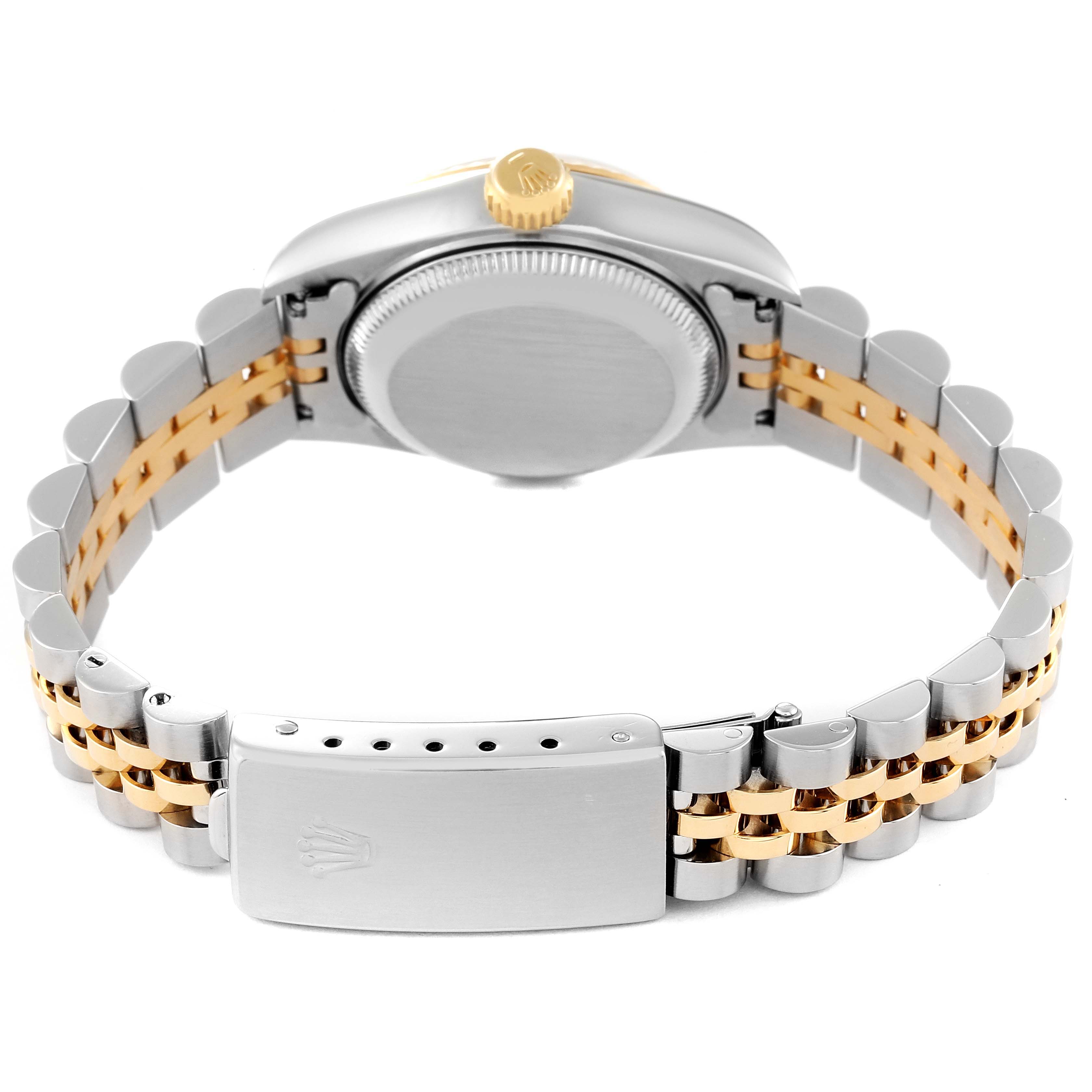 The image shows the back view of a Rolex Datejust 69173 Women's Steel and Gold (two tone) Black Dial 69173 Women's Steel and Gold (two tone) Black Dial watch highlighting the case back, crown, and two-tone bracelet with clasp.
