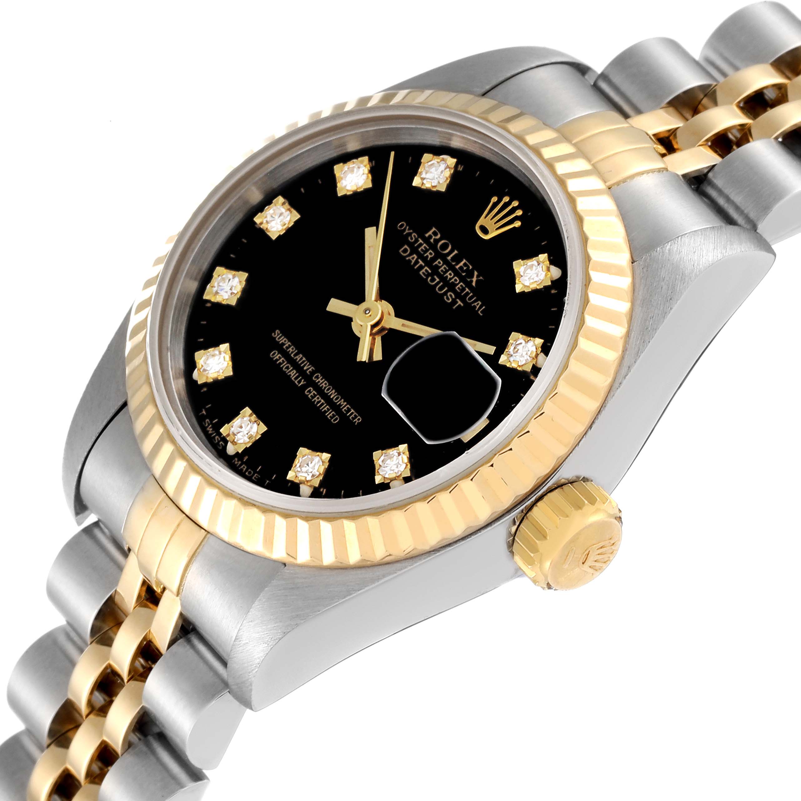 The image shows a Rolex Datejust 69173 Women's Steel and Gold (two tone) Black Dial 69173 Women's Steel and Gold (two tone) Black Dial watch at an angle highlighting the dial, bezel, crown, and bracelet.