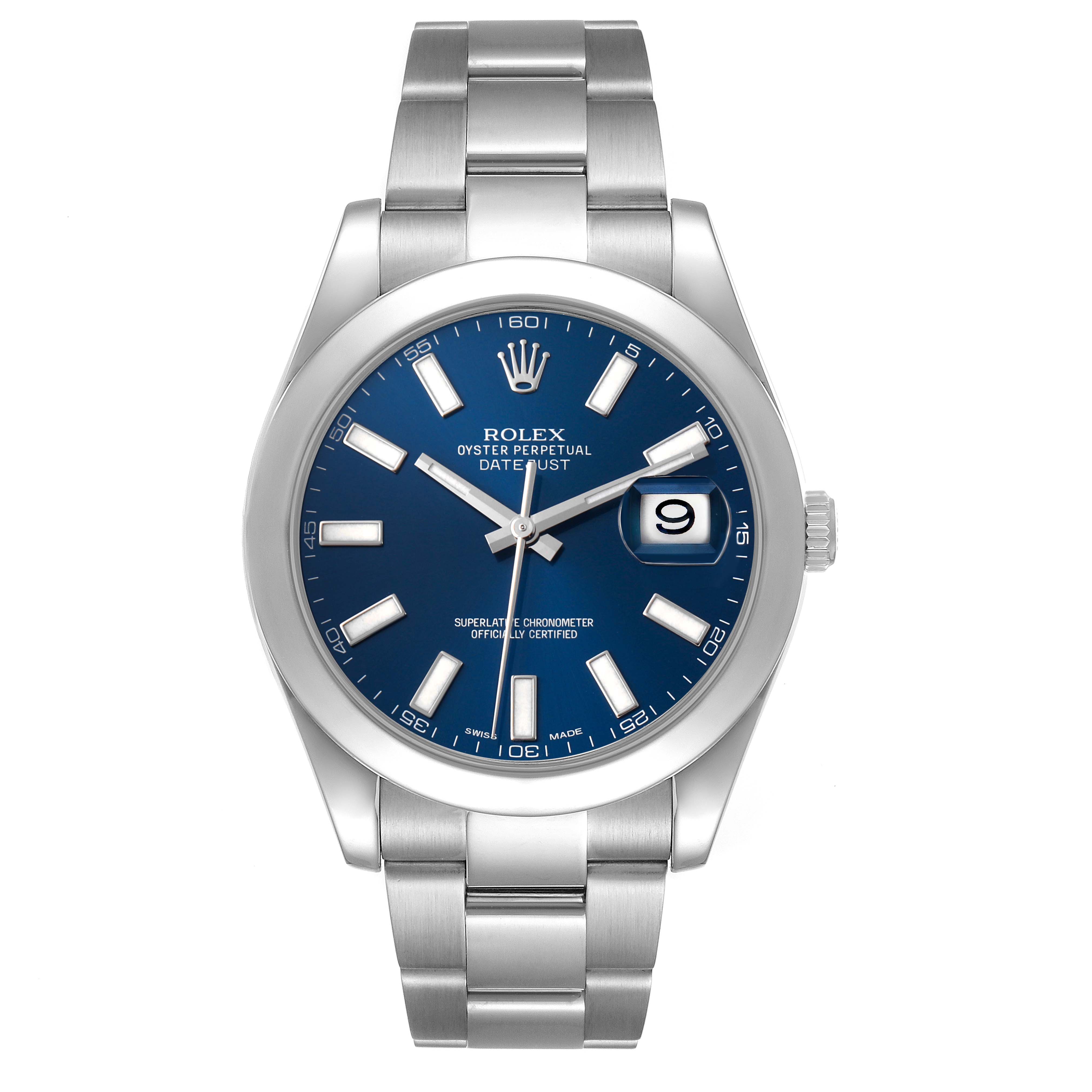 The Rolex Datejust 41 116300 Men's Stainless Steel Blue Dial is shown from a front view, highlighting its blue dial, baton markers, cyclops lens, and stainless steel bracelet.