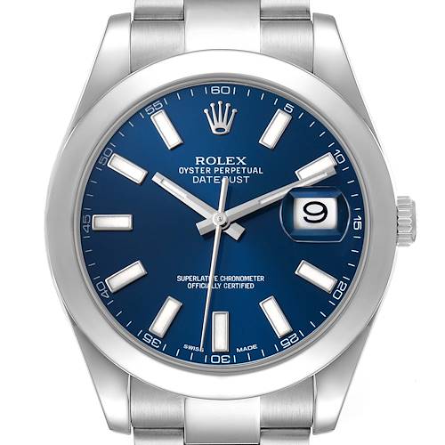 The Rolex Datejust 41 116300 Men's Stainless Steel Blue Dial watch is shown from the front, highlighting the blue dial, bezel, crown, and part of the bracelet.