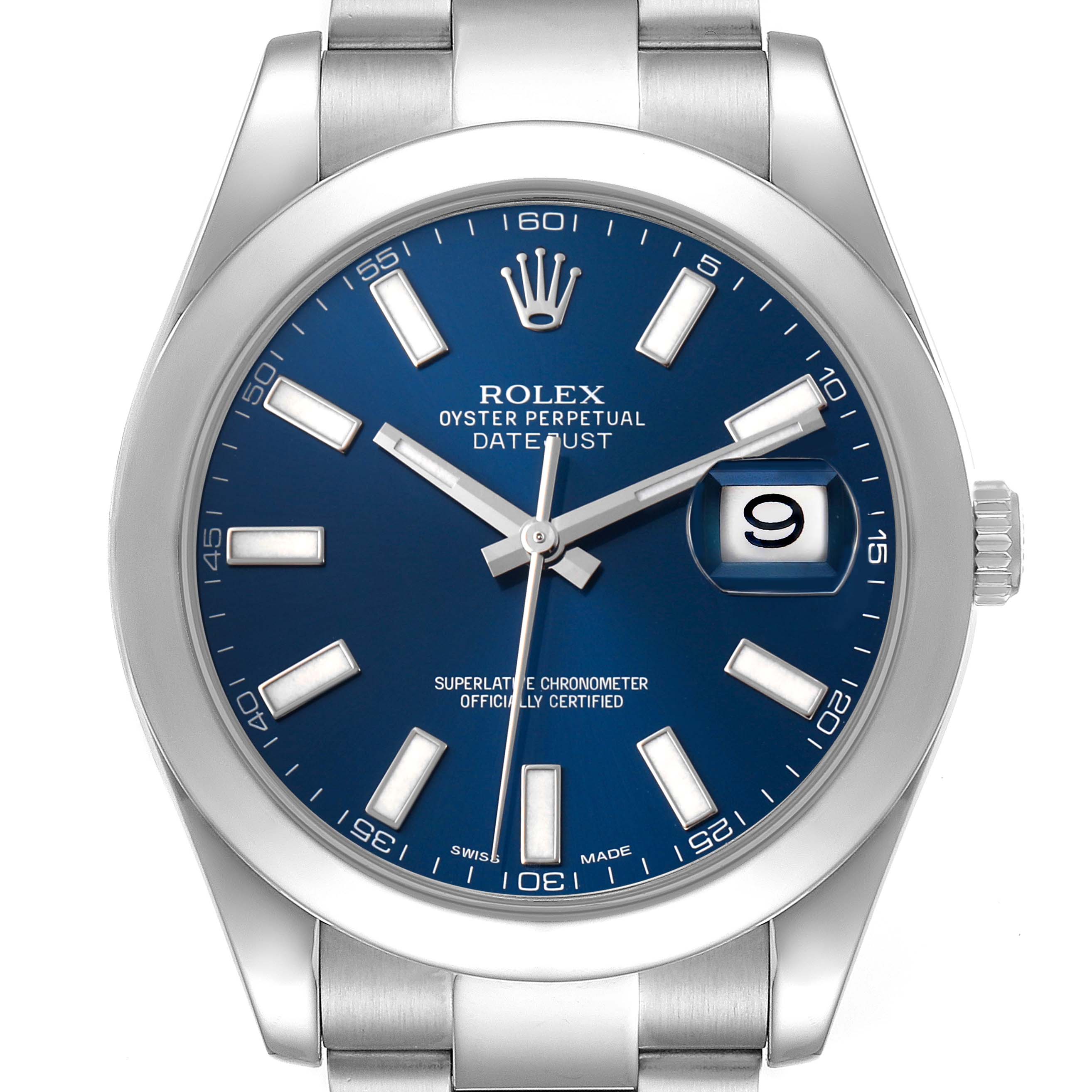 The Rolex Datejust 41 116300 Men's Stainless Steel Blue Dial watch is shown from a front angle, displaying its blue dial, hands, markers, date window, and bezel.