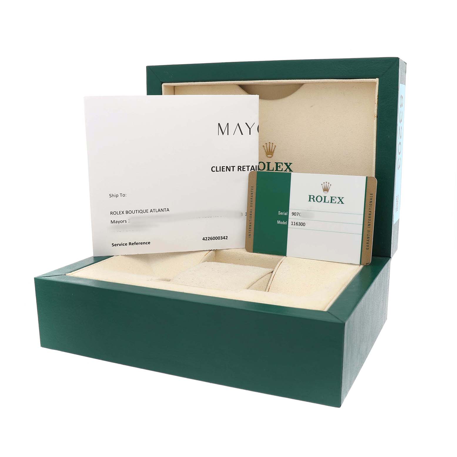 The image shows a Rolex Datejust 41 116300 Men's Stainless Steel Blue Dial watch box, warranty card, and documents from a top-front angle.