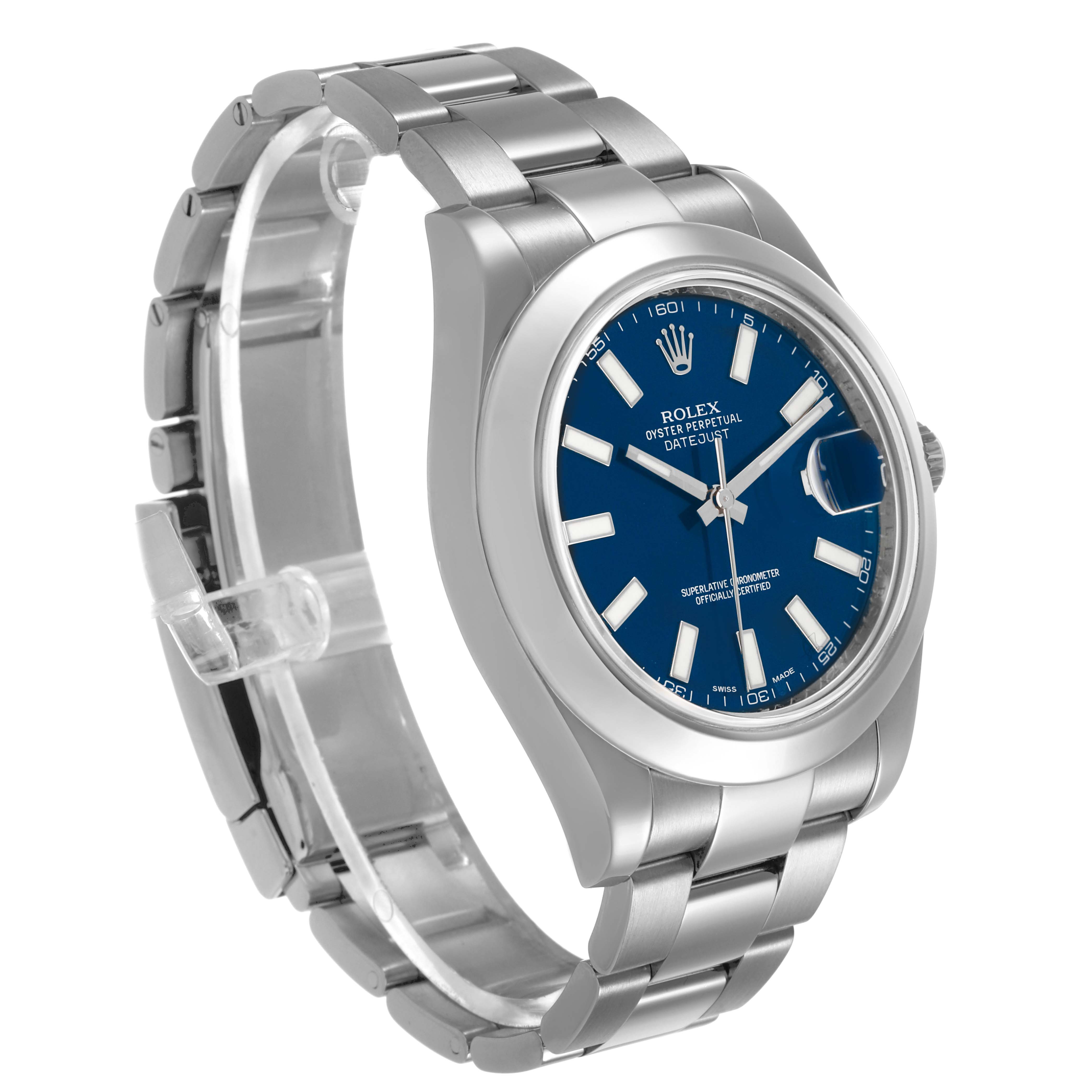 The Rolex Datejust 41 116300 Men's Stainless Steel Blue Dial is shown at a three-quarter angle, highlighting the blue dial, bezel, and bracelet.