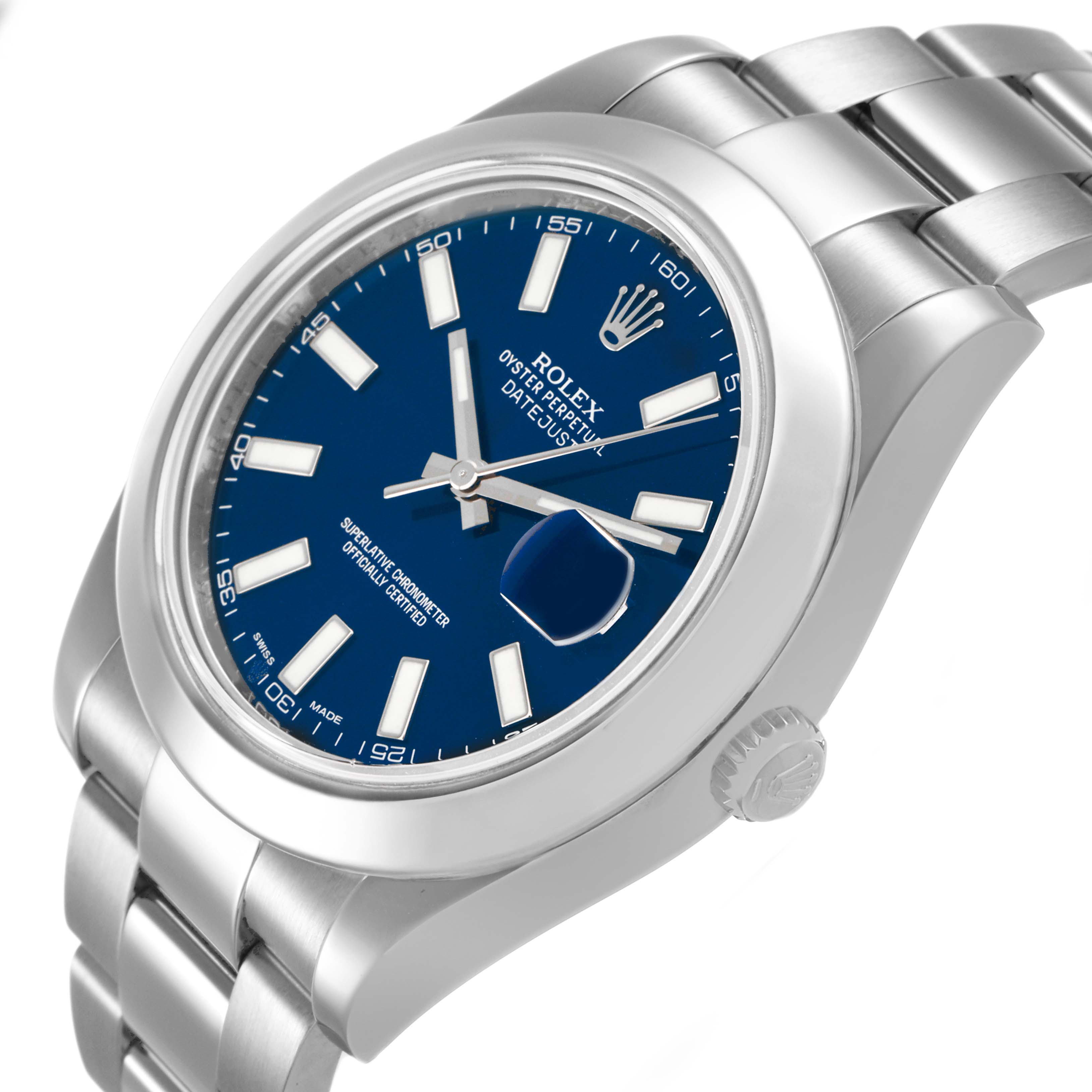The Rolex Datejust 41 116300 Men's Stainless Steel Blue Dial watch is shown at a three-quarter angle, highlighting its blue dial, bezel, crown, and part of the bracelet.