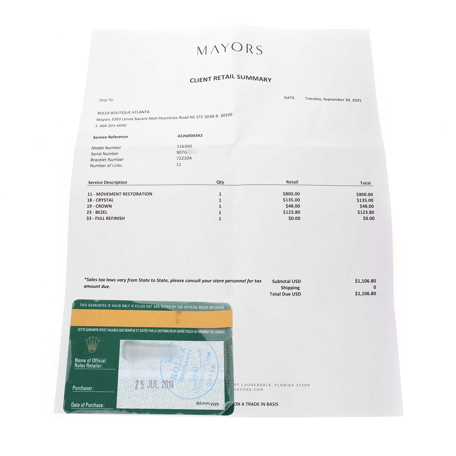 The image shows a service receipt and warranty card for a Rolex Datejust 41 116300 Men's Stainless Steel Blue Dial, detailing repairs and parts like the crystal and crown.
