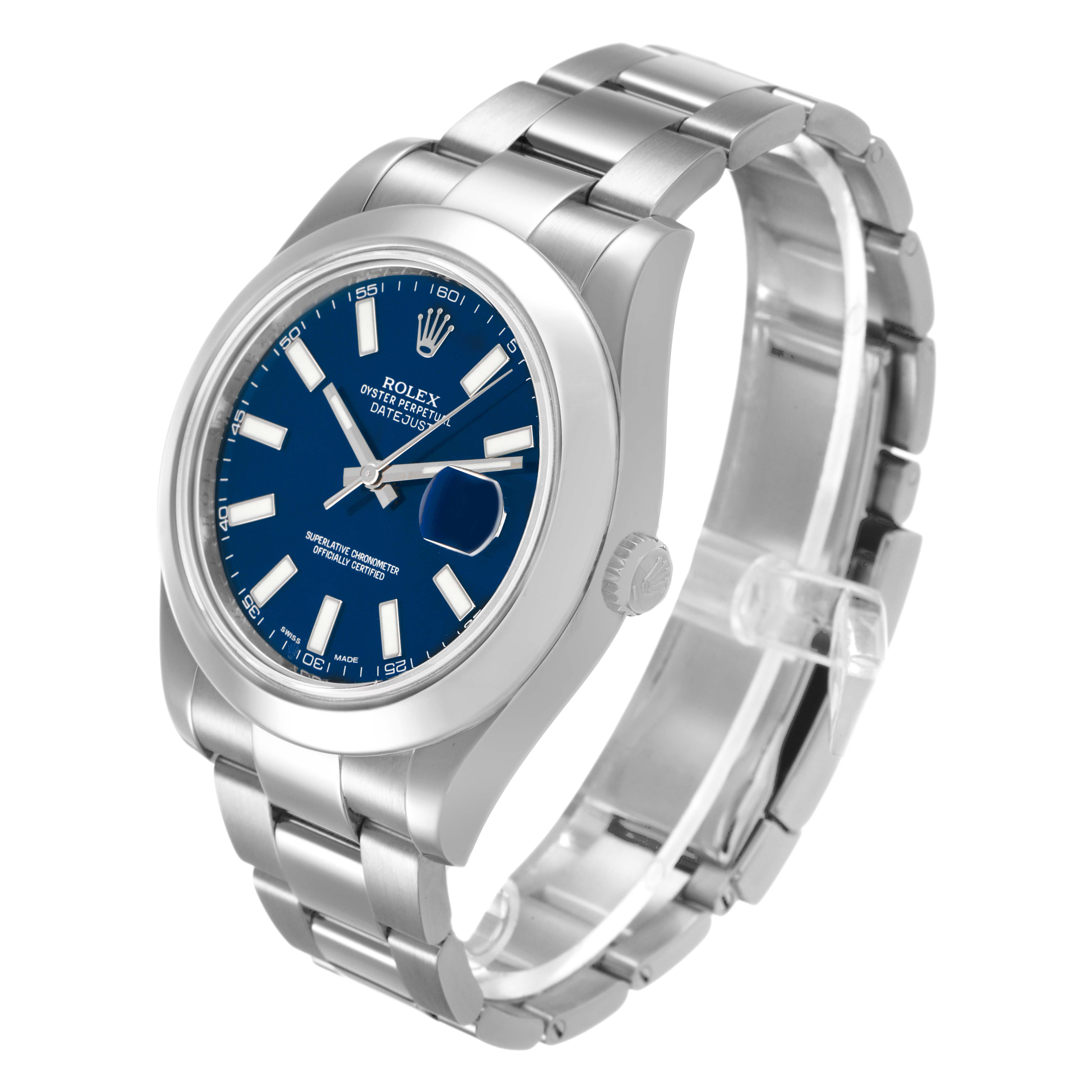 The Rolex Datejust 41 116300 Men's Stainless Steel Blue Dial is shown at a three-quarter angle, highlighting the blue dial, Cyclops lens, and stainless steel bracelet.