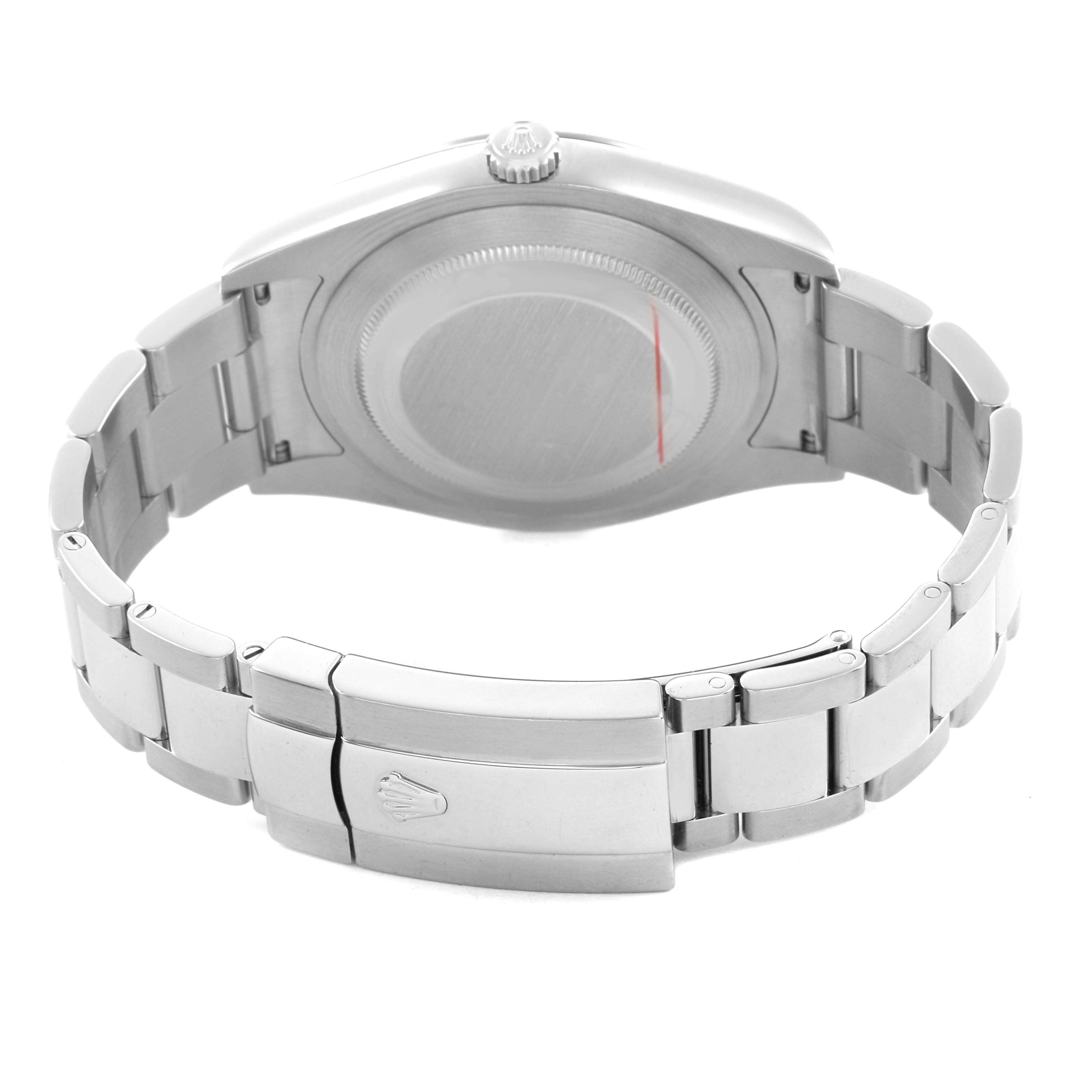 The image shows the back and clasp of a Rolex Datejust 116334 Men's Stainless Steel Blue Dial, highlighting the bracelet and case back.