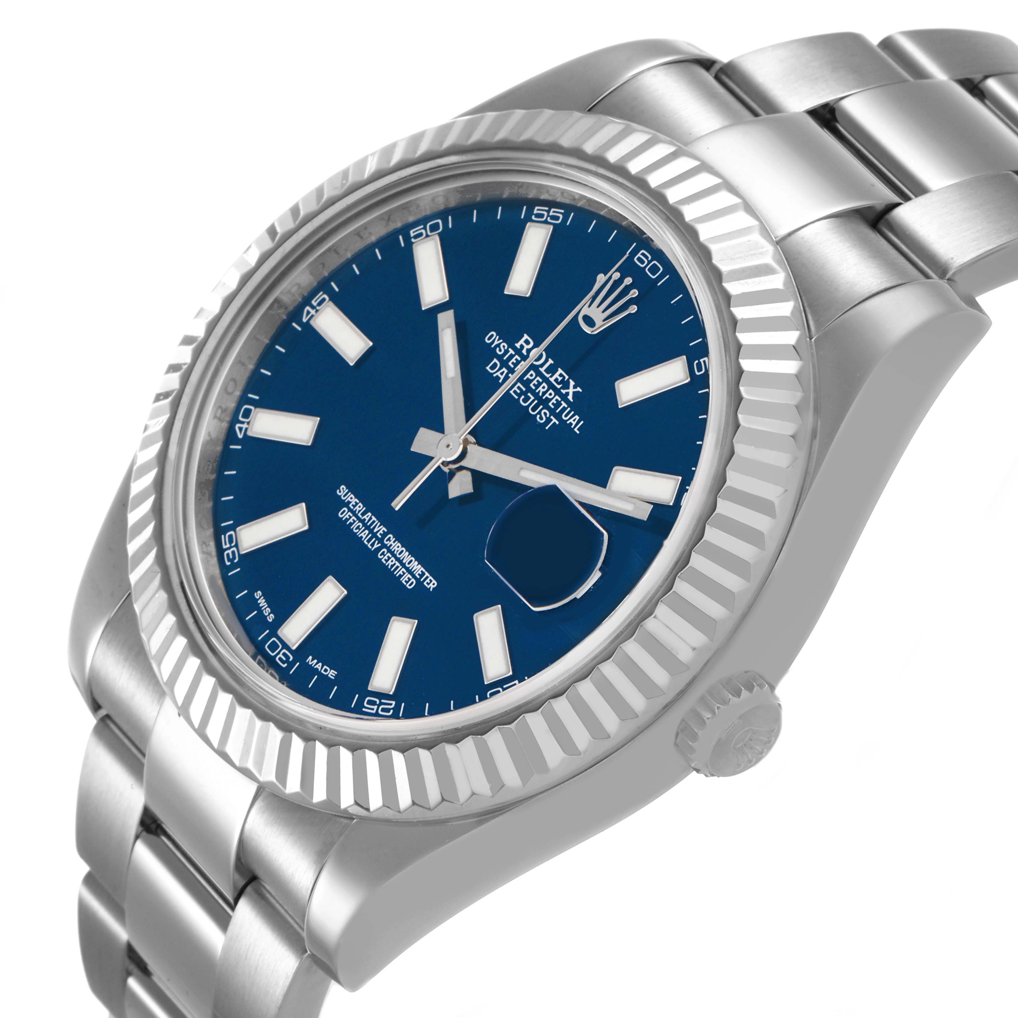 The Rolex Datejust 116334 Men's Stainless Steel Blue Dial watch is shown at a three-quarter angle, highlighting the blue dial, fluted bezel, and bracelet.