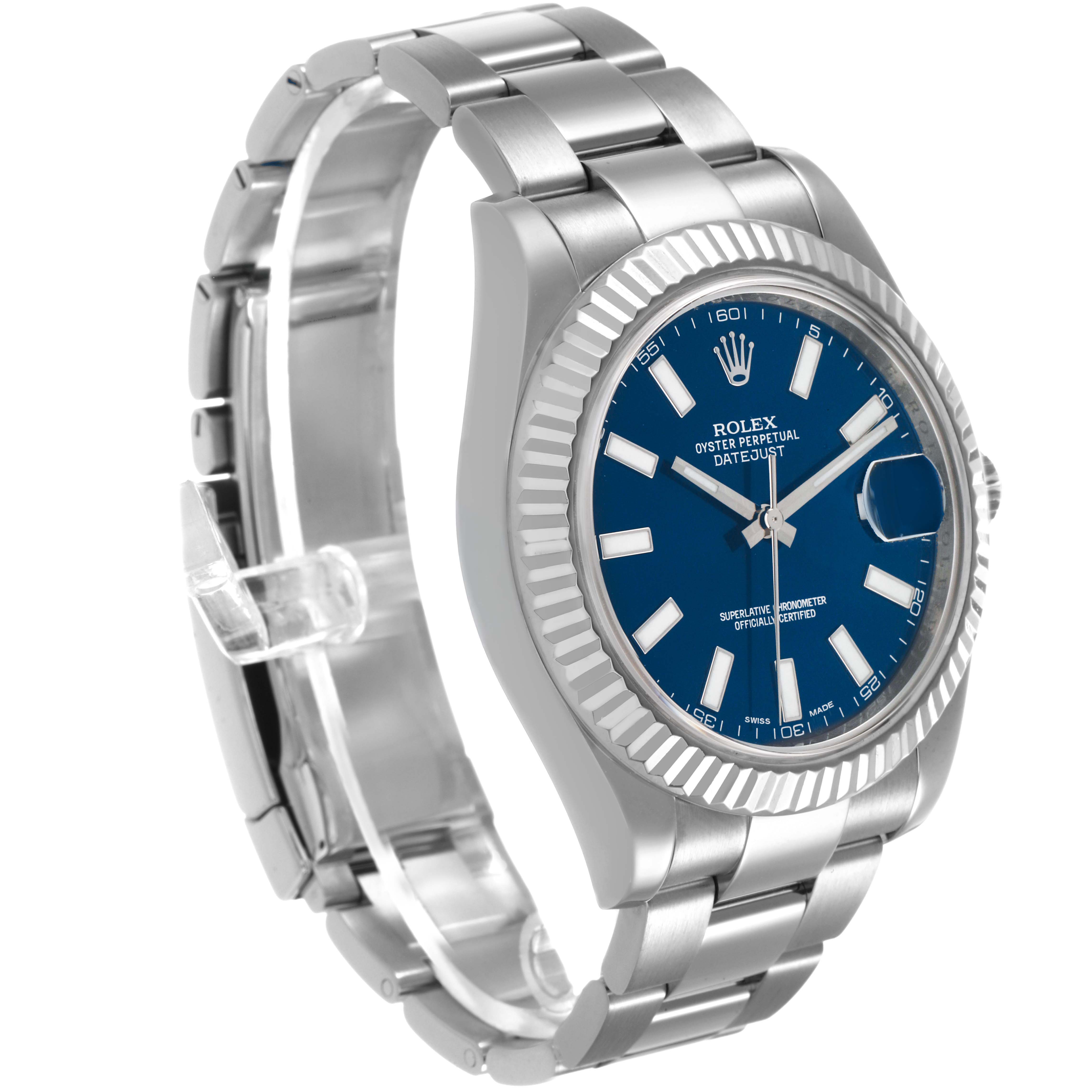The image shows a Rolex Datejust 116334 Men's Stainless Steel Blue Dial watch at a three-quarter angle, highlighting the dial, bezel, case, and bracelet.