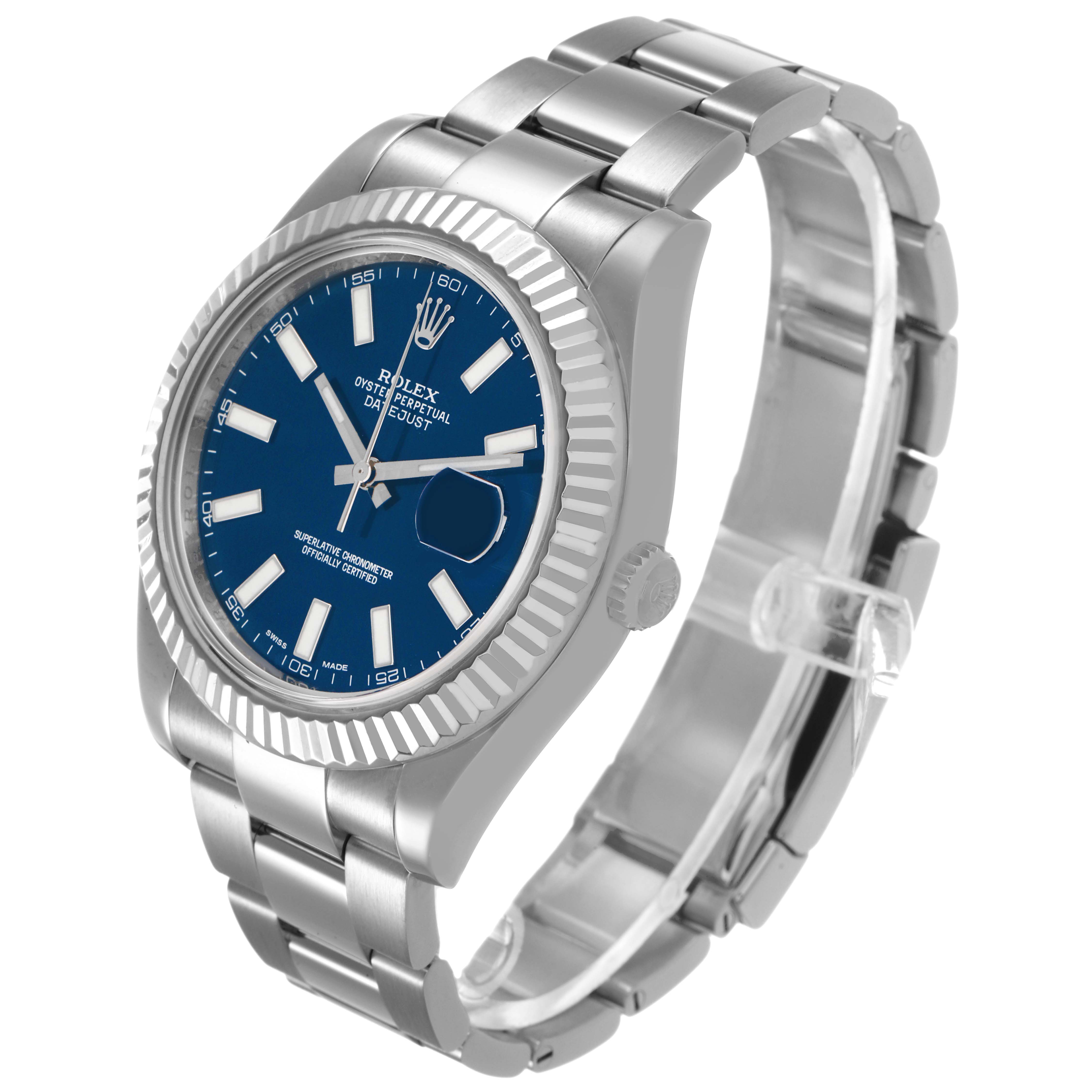 The Rolex Datejust 116334 Men's Stainless Steel Blue Dial watch is shown at a three-quarter angle, displaying the dial, bezel, crown, and bracelet.