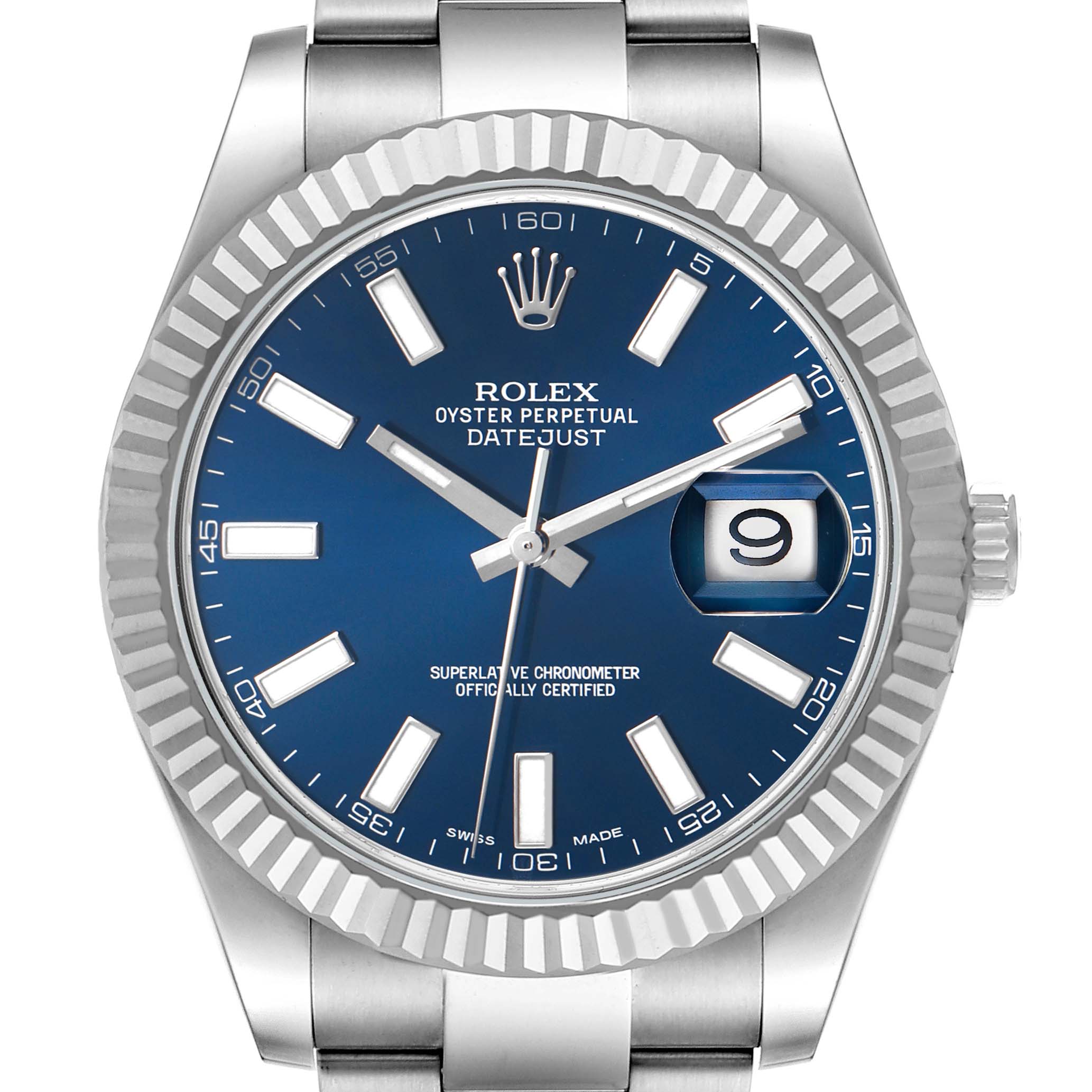 The image shows a front view of a Rolex Datejust 116334 Men's Stainless Steel Blue Dial watch, highlighting its blue dial, date window, fluted bezel, and stainless steel bracelet.