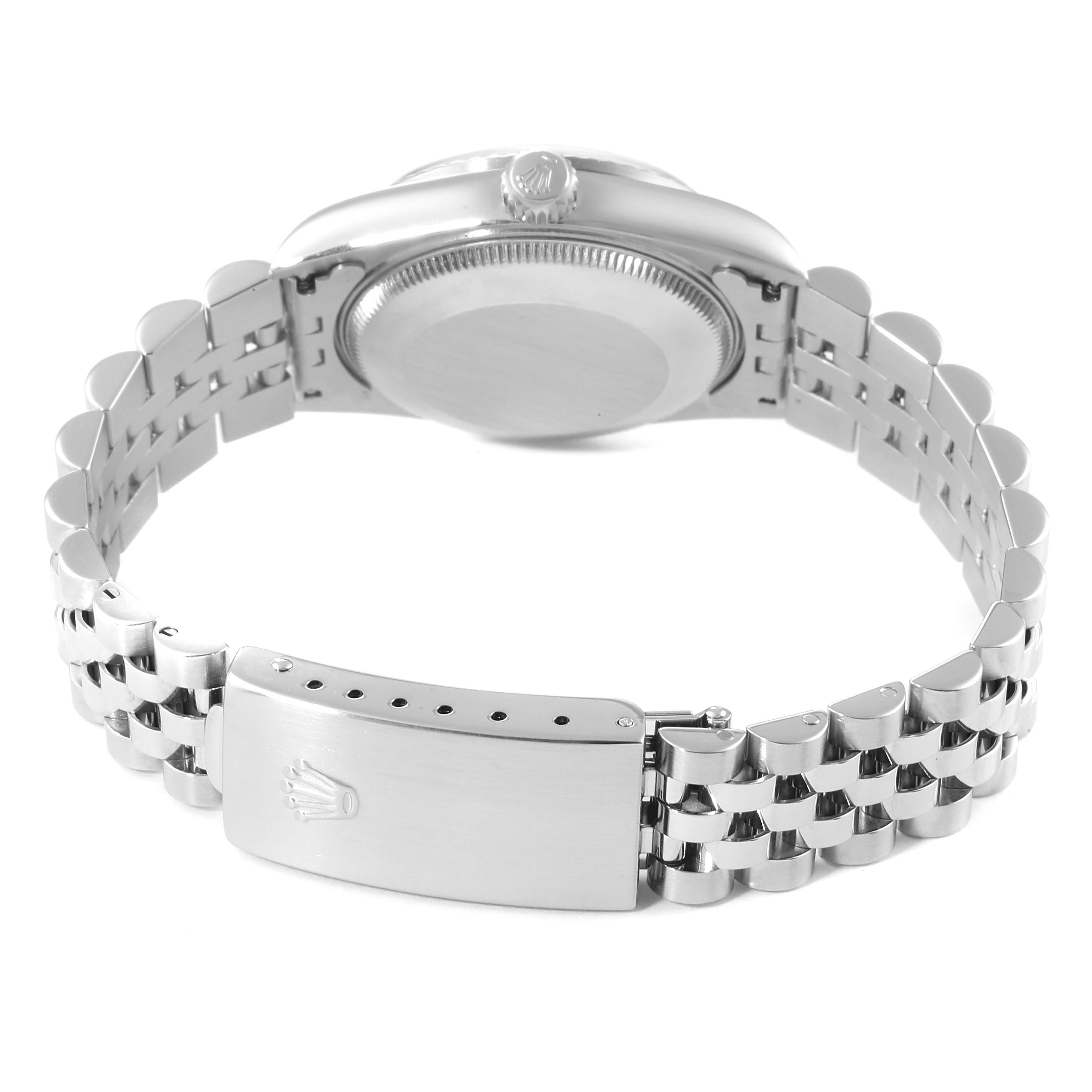 The image shows the back case and Jubilee bracelet with clasp of a Rolex Mid-Size 68274 Women
s Stainless Steel Blue Dial 68274 Women
s Stainless Steel Blue Dial model watch.