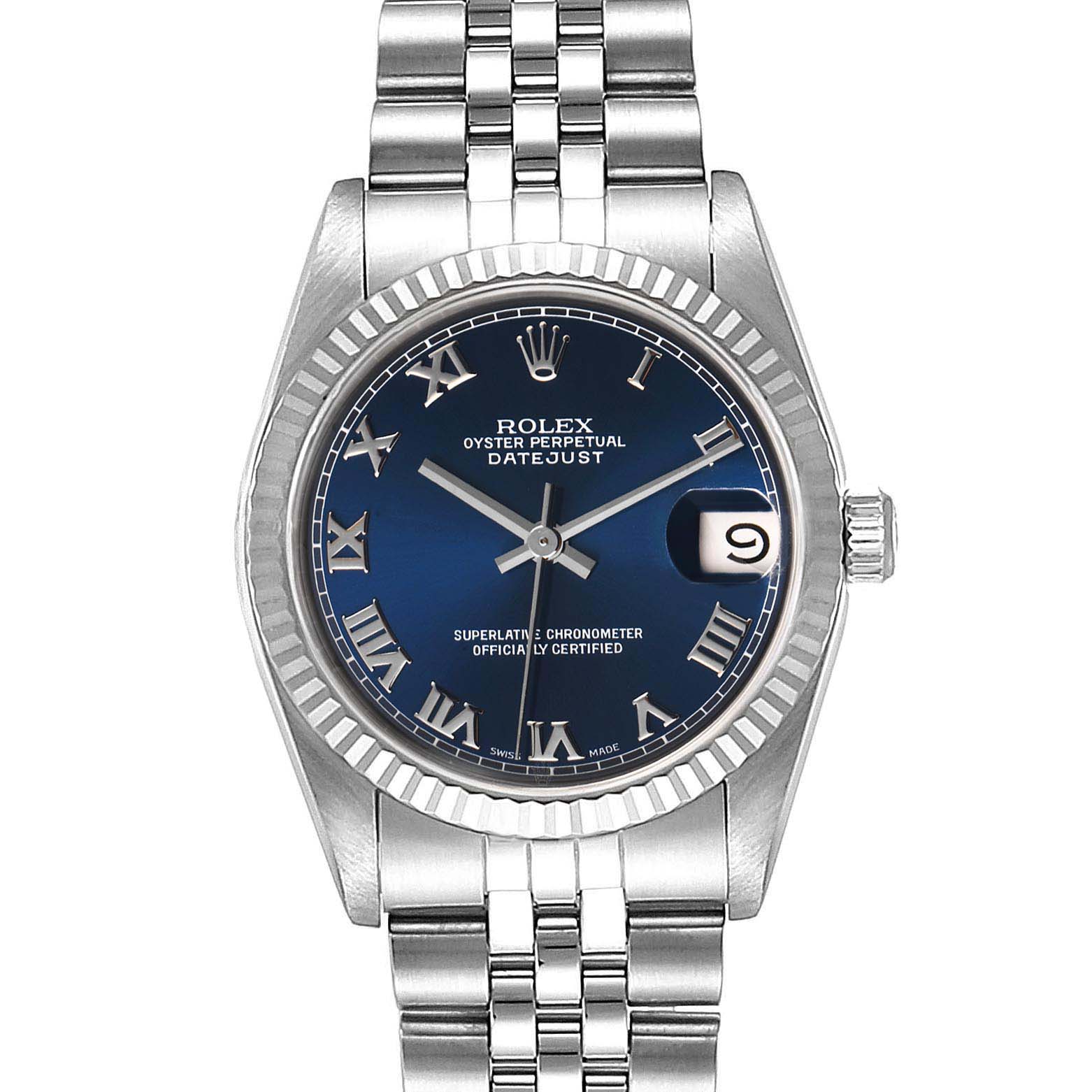 The image shows a front view of the Rolex Mid-Size 68274 Women
s Stainless Steel Blue Dial 68274 Women
s Stainless Steel Blue Dial Datejust watch, highlighting its blue dial, Roman numerals, and metal bracelet.