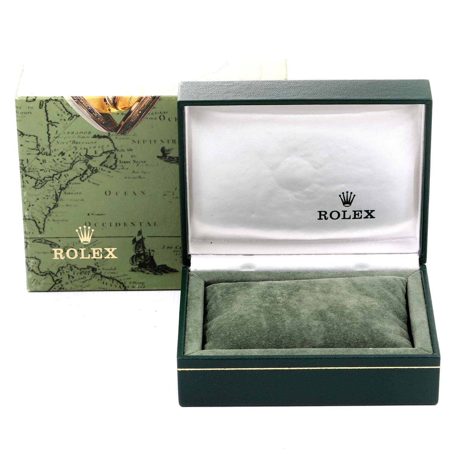 This image shows an open Rolex Mid-Size 68274 Women
s Stainless Steel Blue Dial 68274 Women
s Stainless Steel Blue Dial watch box and a branded outer packaging box behind it.