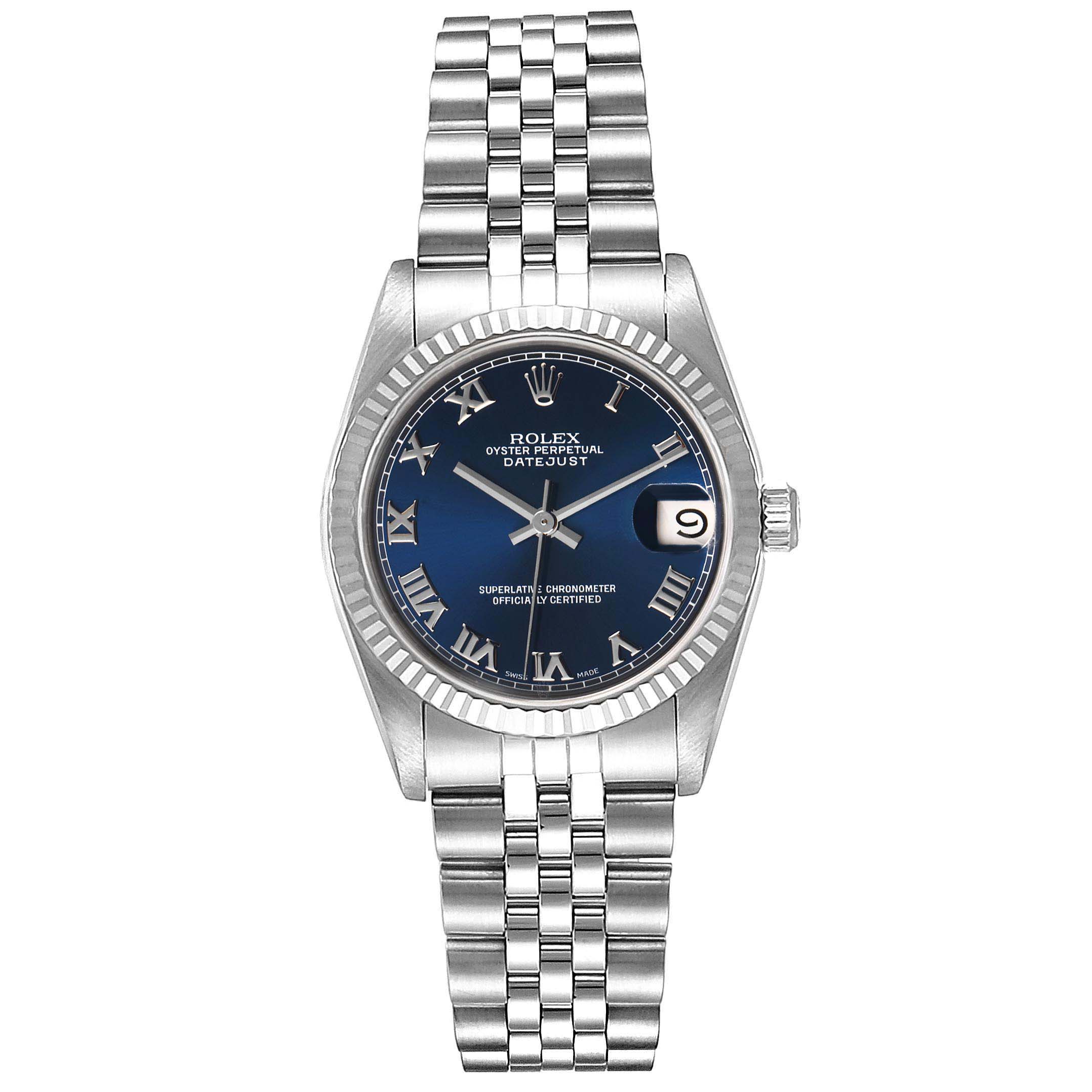 This is a frontal view of the Rolex Mid-Size 68274 Women
s Stainless Steel Blue Dial 68274 Women
s Stainless Steel Blue Dial Oyster Perpetual Datejust, showing the face, bezel, and bracelet.