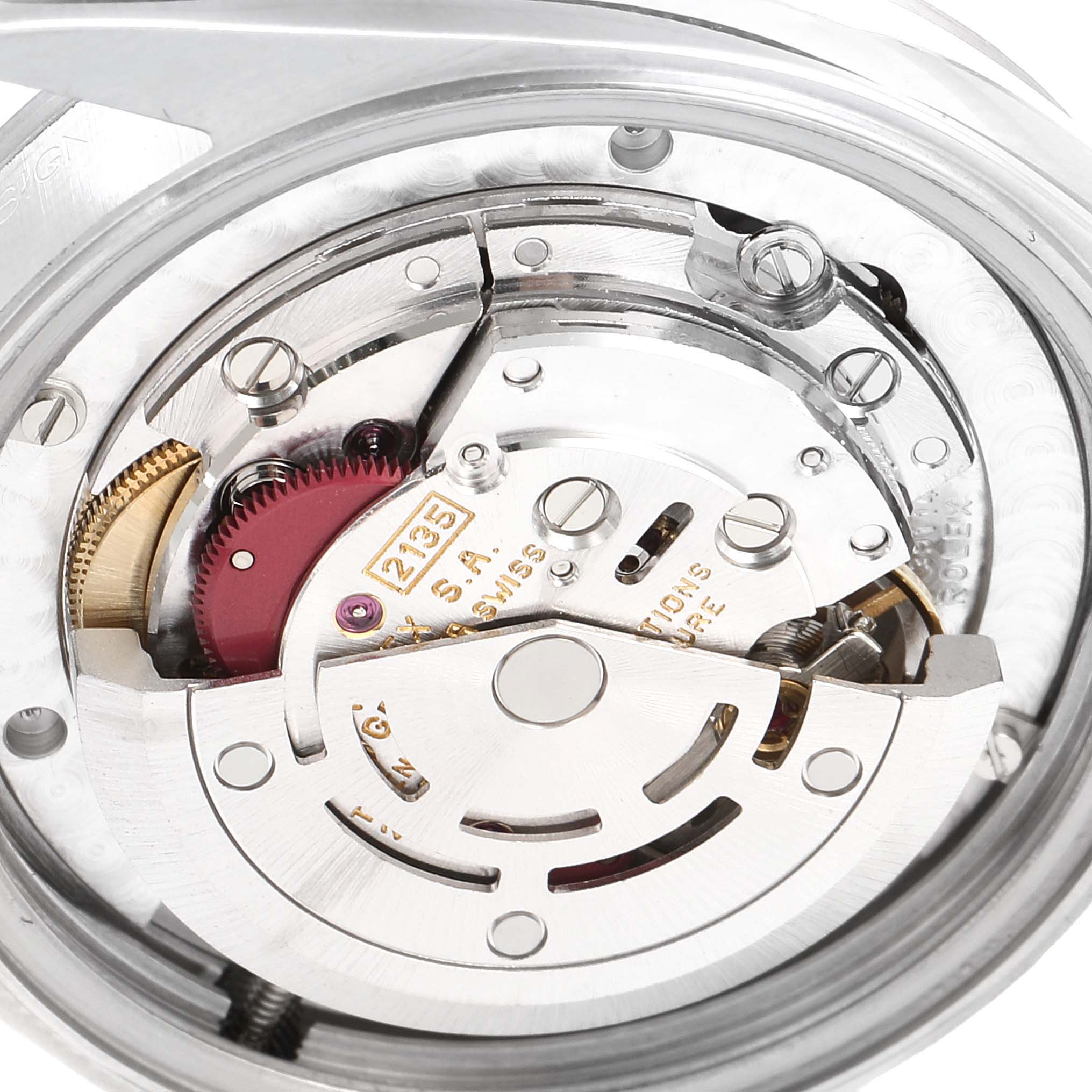 The image displays a close-up view of the internal mechanical movement of a Rolex Mid-Size 68274 Women
s Stainless Steel Blue Dial 68274 Women
s Stainless Steel Blue Dial watch.