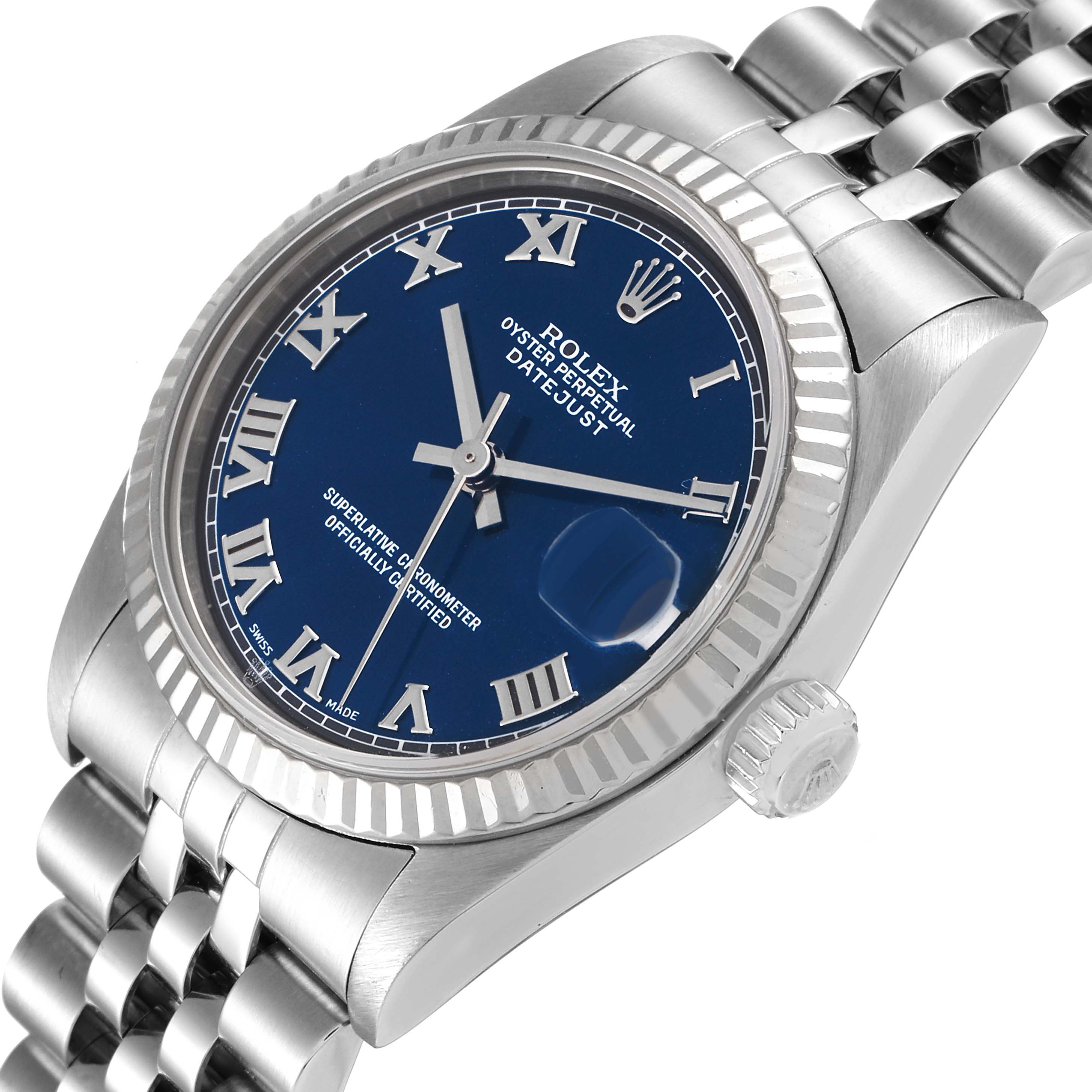 This Rolex Datejust Mid-Size model is shown at an angle highlighting its dial, bezel, crown, and part of its bracelet.
