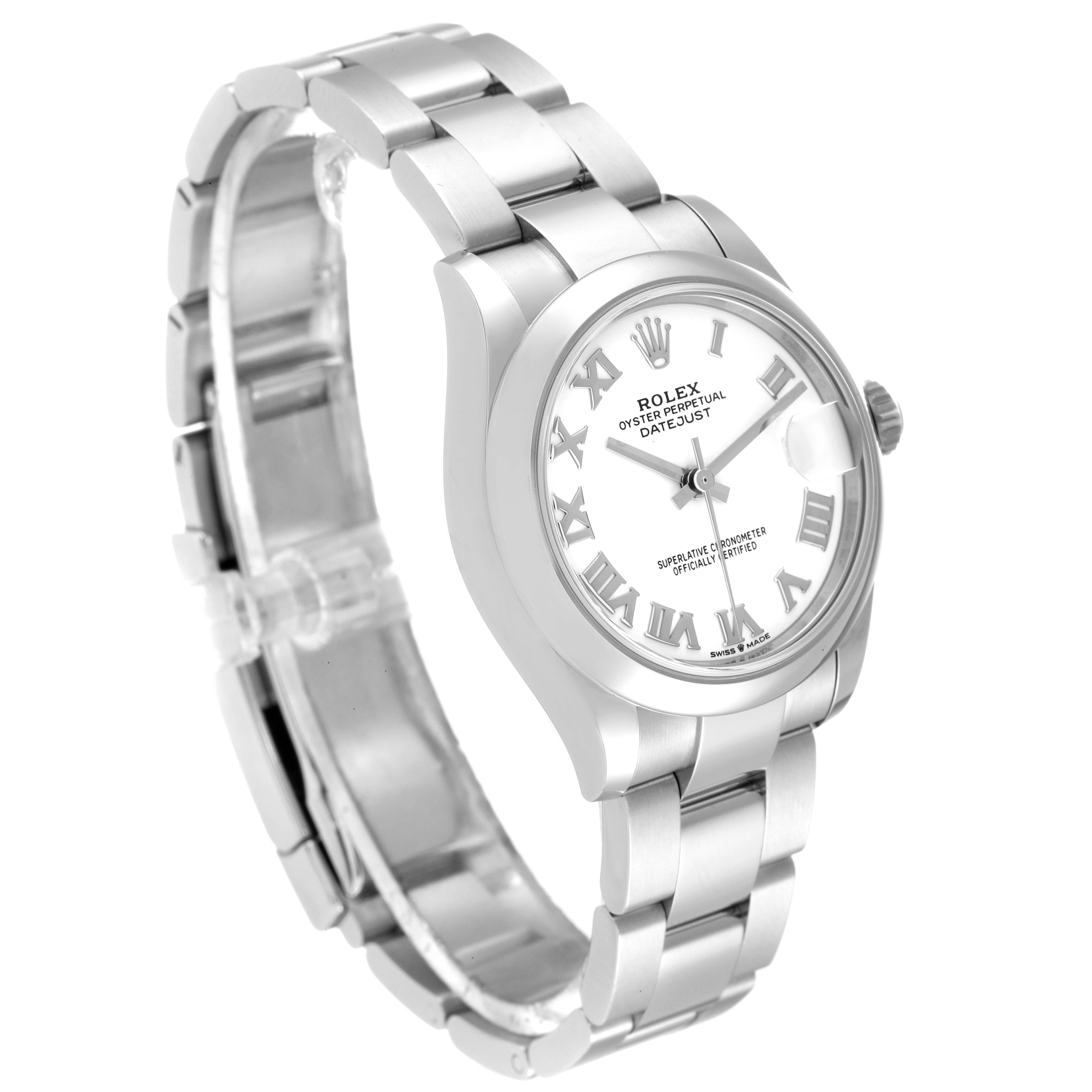 The image shows a side angle of a Rolex Mid-Size 278240 Women
s Stainless Steel White Dial 278240 Women
s Stainless Steel White Dial Oyster Perpetual Datejust watch, featuring its bracelet, case, and dial.