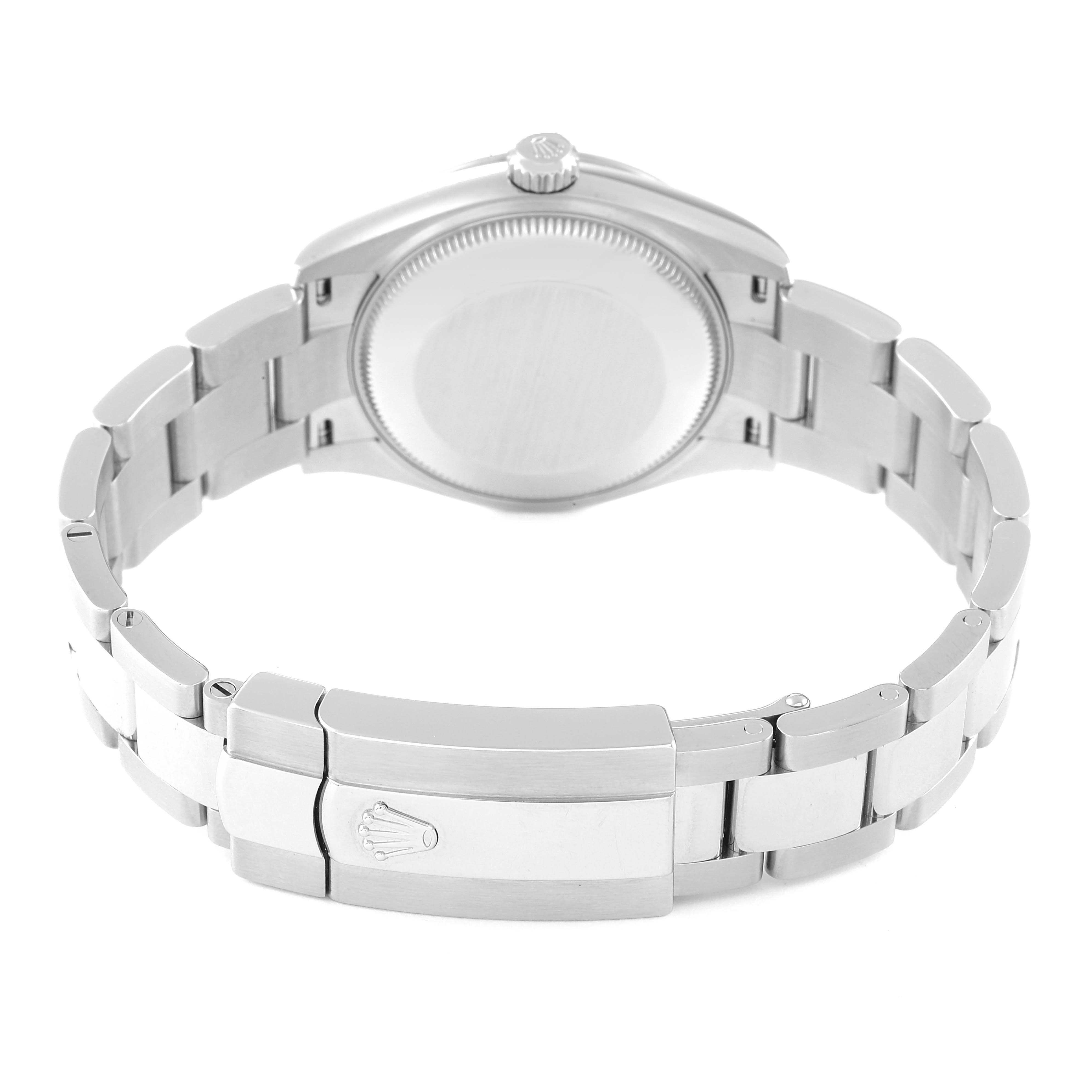 The image shows the back and clasp of a Mid-Size Rolex watch from a rear angle.