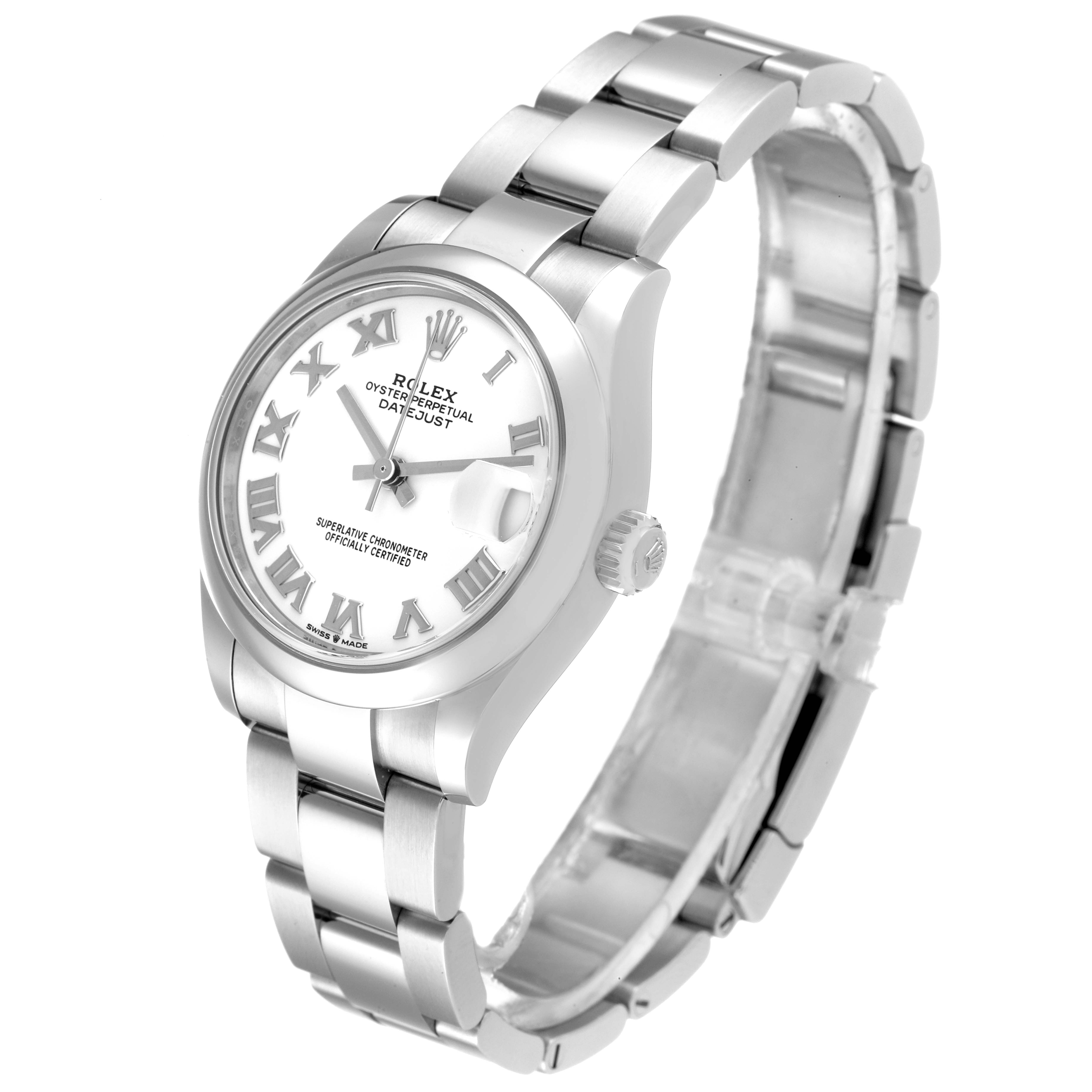 The image shows a Rolex Oyster Perpetual Datejust Mid-Size watch from a front angle, displaying its dial, bracelet, and crown.
