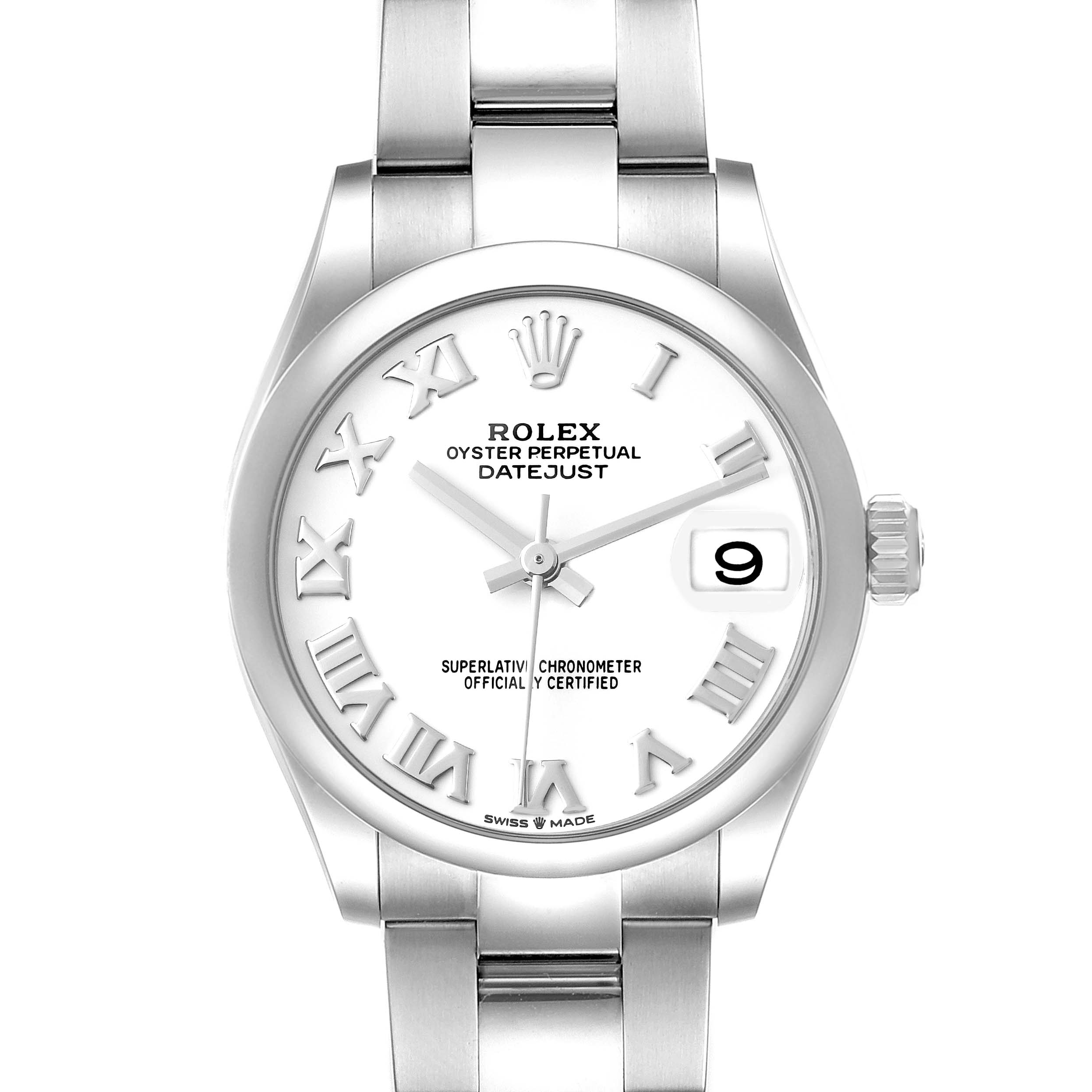 This image shows a front view of a Rolex Oyster Perpetual Datejust Mid-Size watch, highlighting the dial, hands, and bracelet.