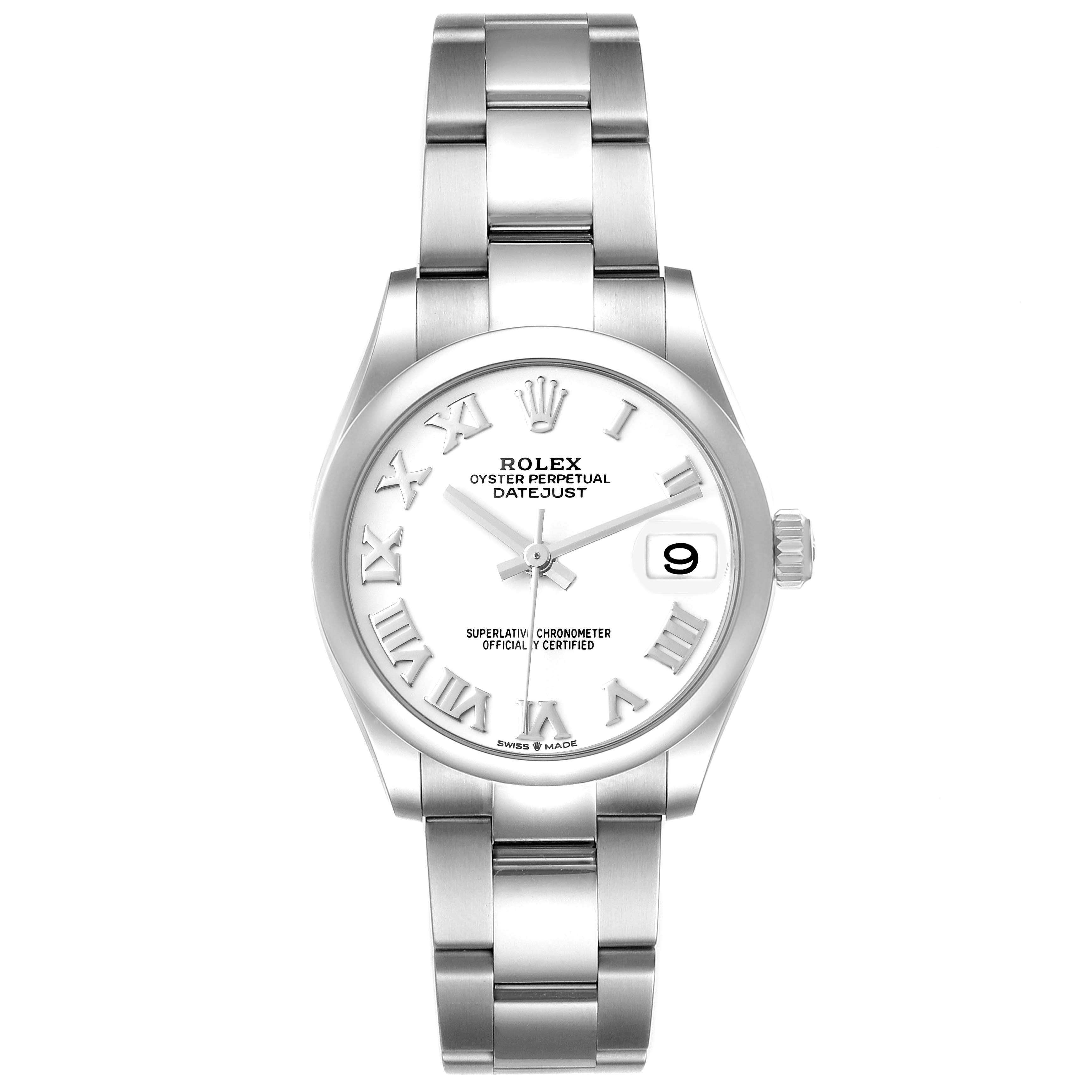 The image shows a front view of a mid-size Rolex Oyster Perpetual Datejust watch with a stainless steel bracelet and Roman numeral markers.