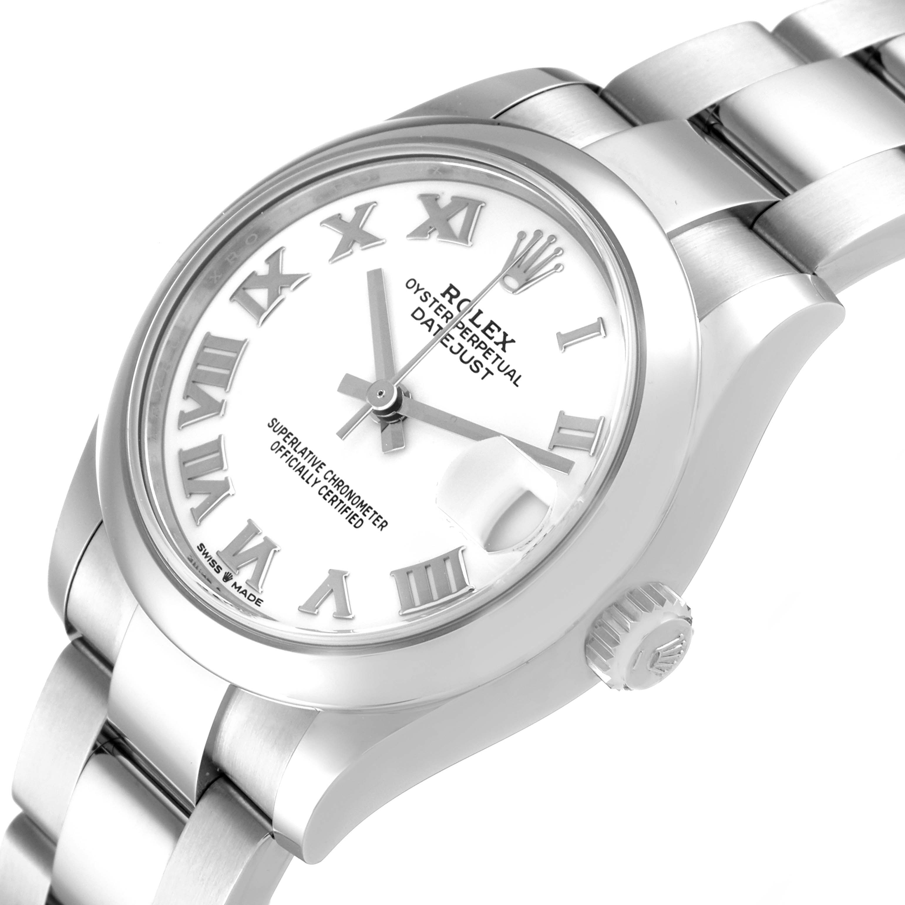 The image shows a Rolex Oyster Perpetual Datejust Mid-Size watch at a slight angle, highlighting the dial, bracelet, and crown.