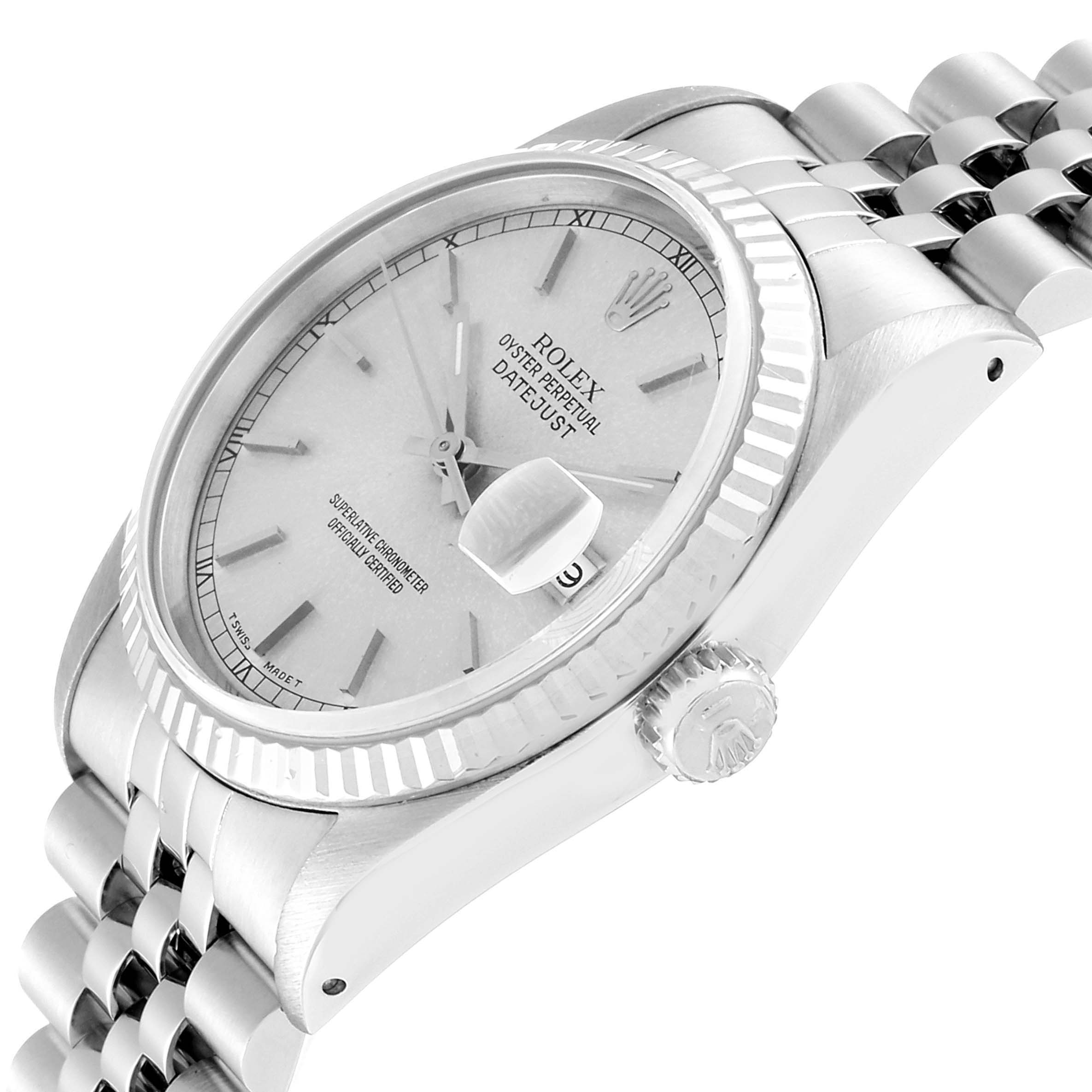 The image shows a side angle of a Rolex Datejust 16234 Men's Stainless Steel Silver Dial 16234 Men's Stainless Steel Silver Dial watch, highlighting its dial, bezel, crown, and bracelet.