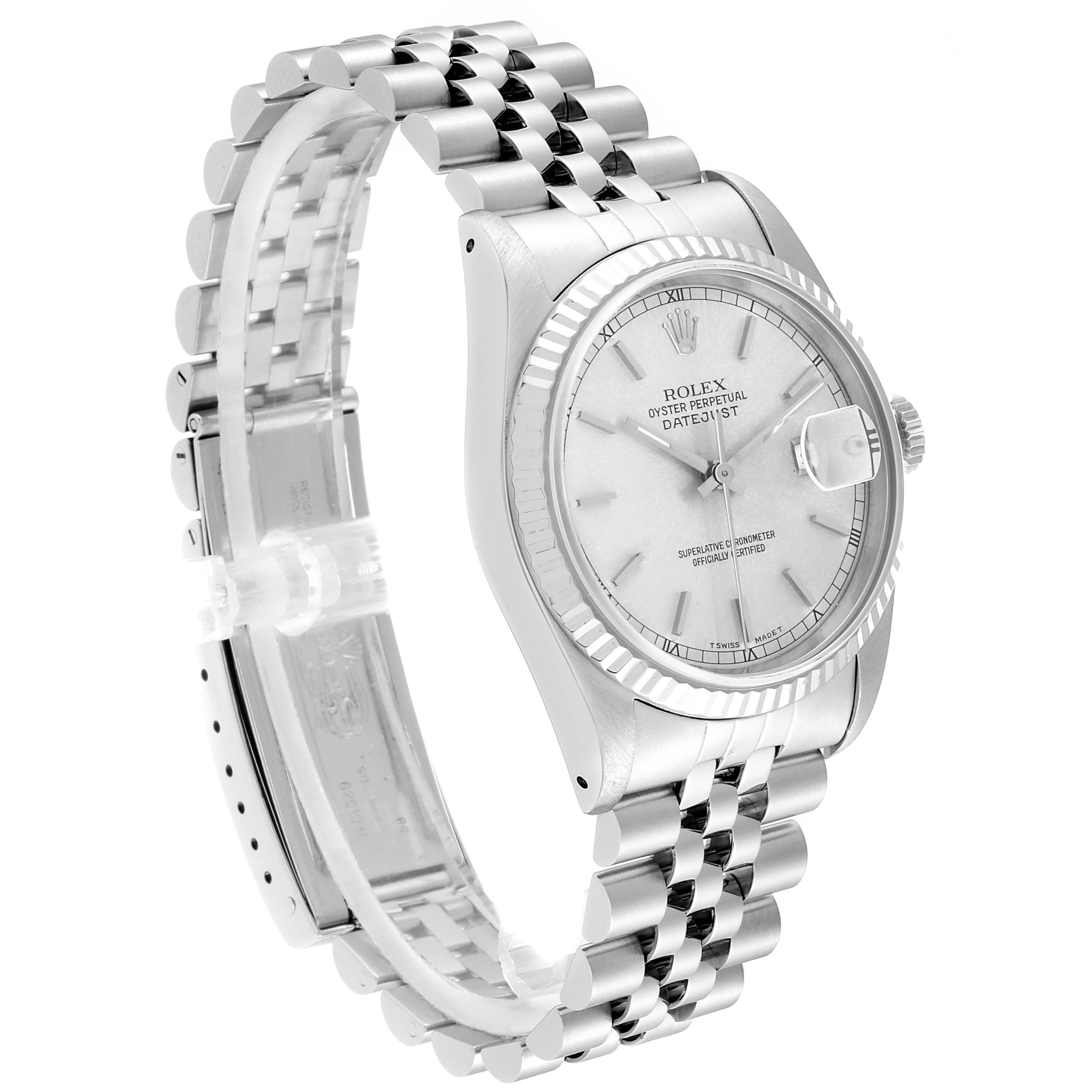 The image shows a side view of a Rolex Datejust 16234 Men's Stainless Steel Silver Dial 16234 Men's Stainless Steel Silver Dial watch, highlighting its face, bezel, and Jubilee bracelet.