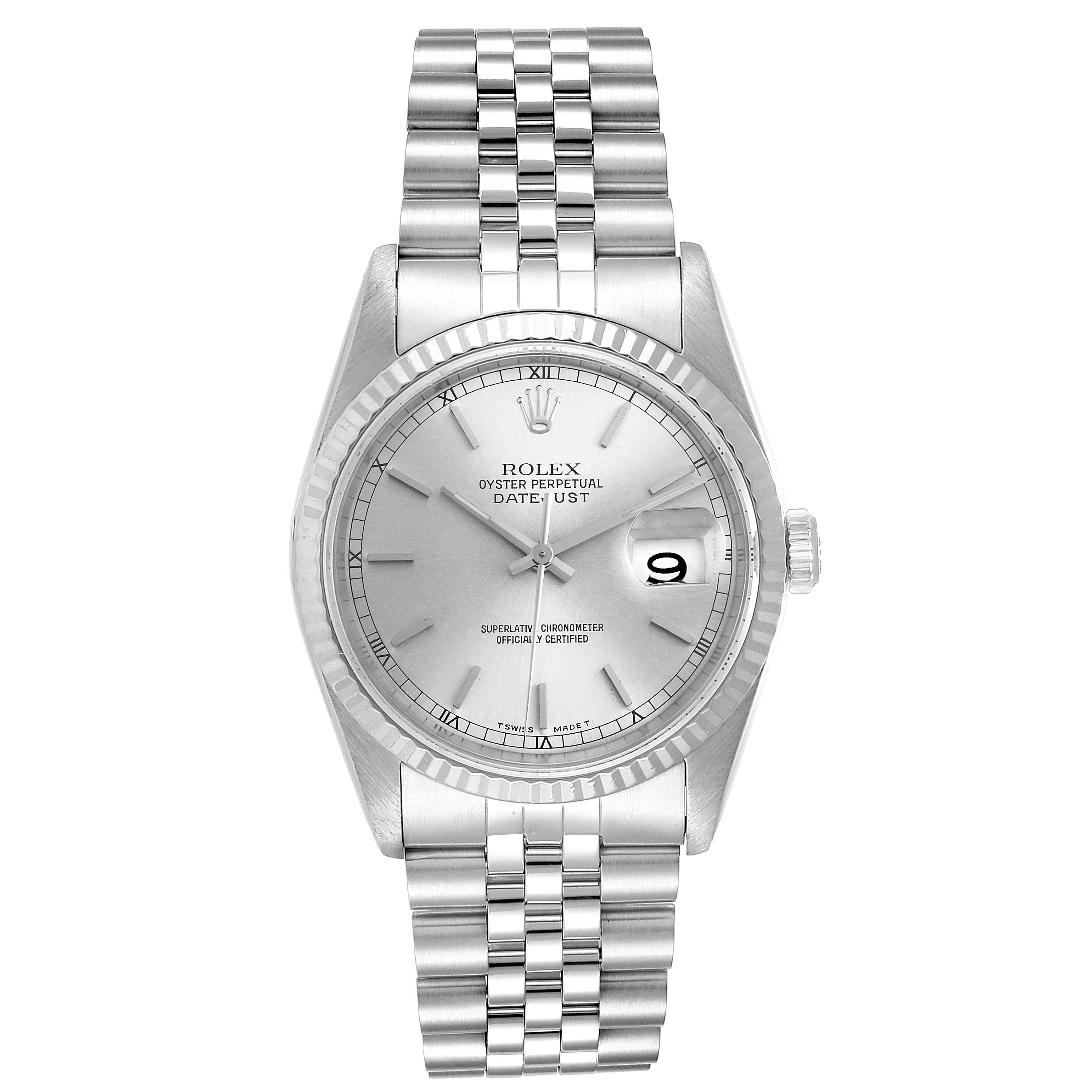 This image shows a front view of a Rolex Datejust 16234 Men's Stainless Steel Silver Dial 16234 Men's Stainless Steel Silver Dial watch, displaying the face, bezel, and bracelet.