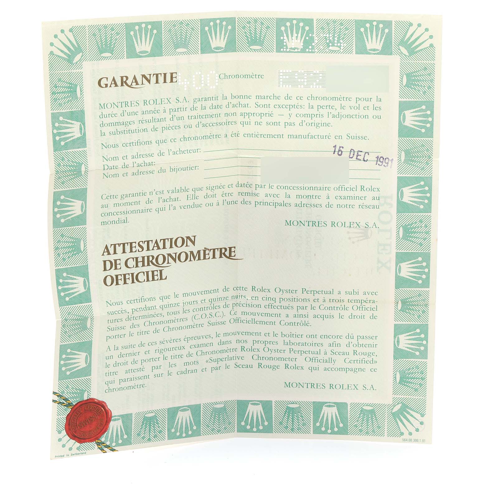 This image shows the warranty and official chronometer certification document for a Rolex Datejust 16234 Men's Stainless Steel Silver Dial 16234 Men's Stainless Steel Silver Dial watch.