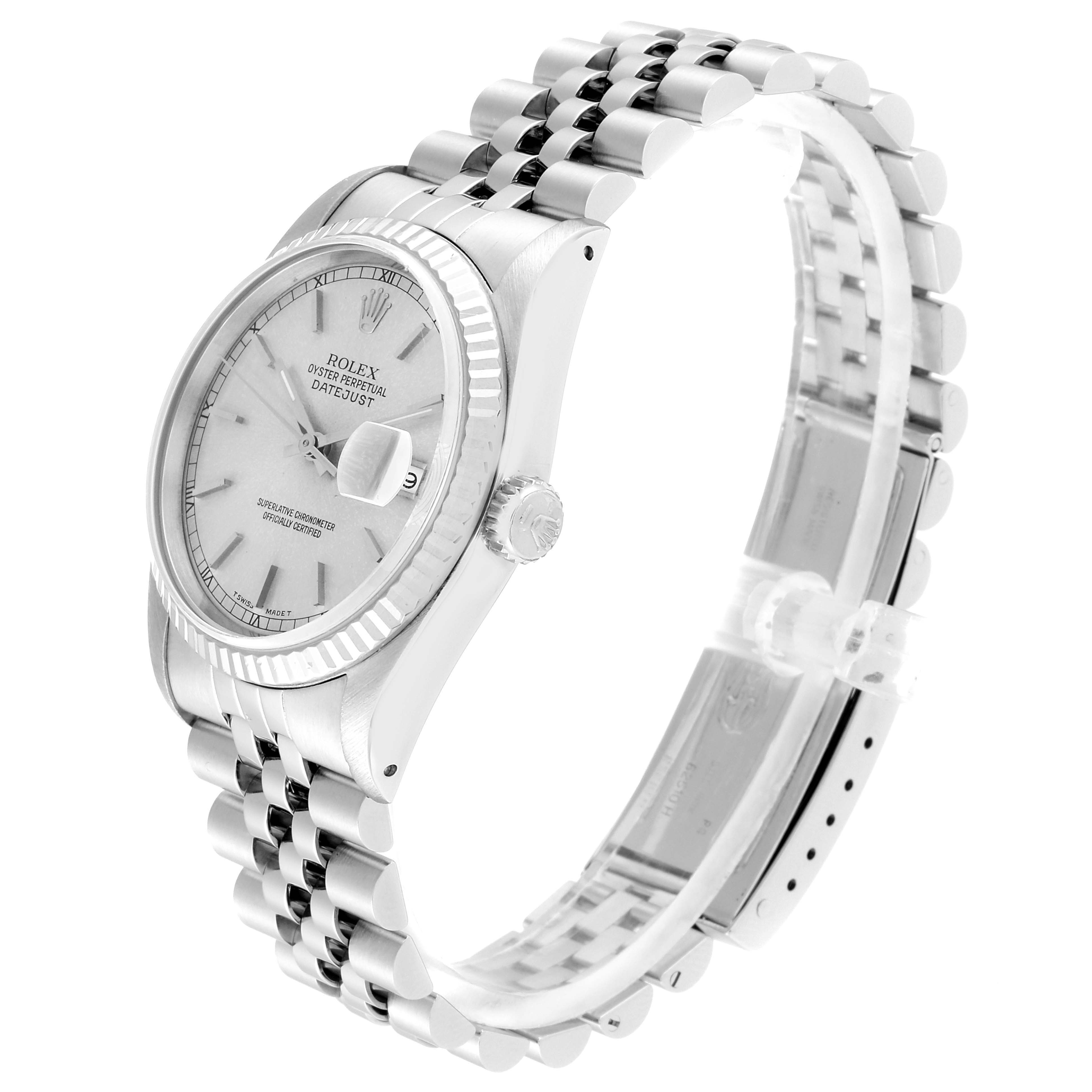 This image shows a Rolex Datejust 16234 Men's Stainless Steel Silver Dial 16234 Men's Stainless Steel Silver Dial watch from a left side angle, highlighting the face, crown, and bracelet.