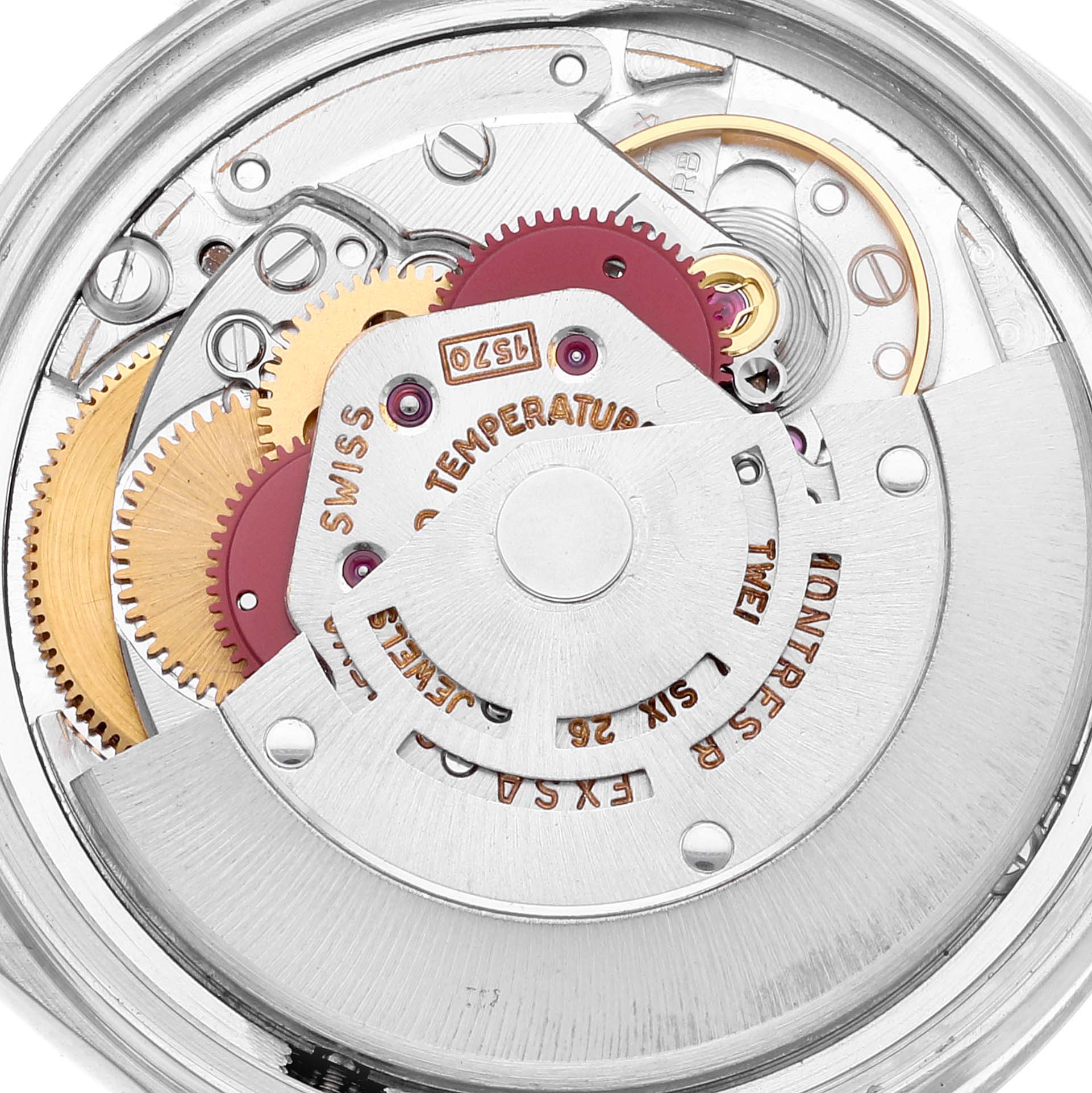 This image shows the intricate internal mechanism of the Rolex Vintage Collection 1603 Men's Stainless Steel Silver Dial 1603 Men's Stainless Steel Silver Dial watch at a close-up angle.