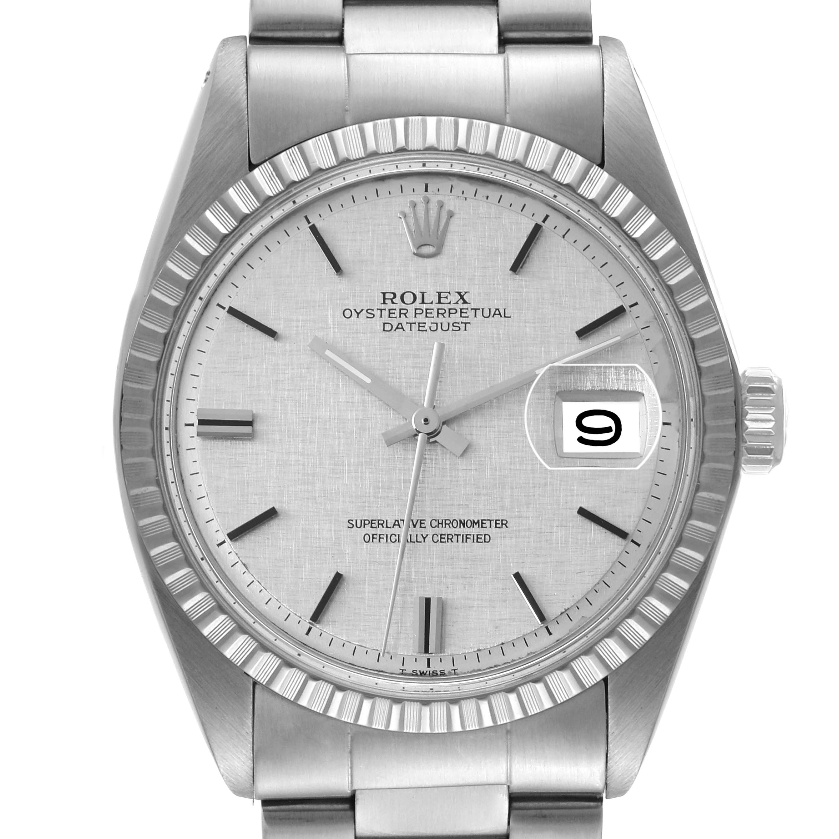 The image displays a front view of the Rolex Vintage Collection 1603 Men's Stainless Steel Silver Dial 1603 Men's Stainless Steel Silver Dial Oyster Perpetual Datejust watch, highlighting its dial and bezel.