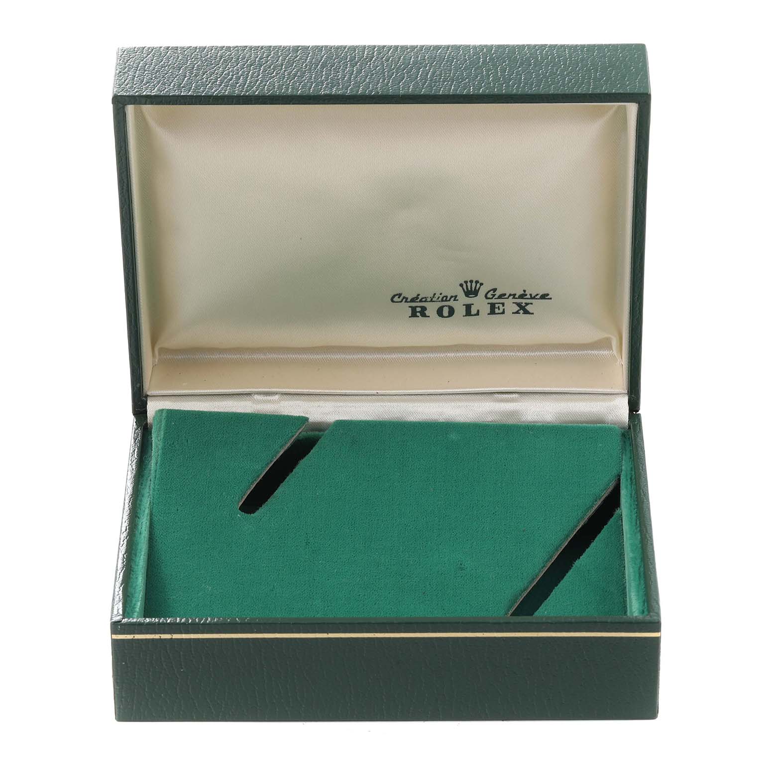 This is an empty Rolex Vintage Collection 1603 Men's Stainless Steel Silver Dial 1603 Men's Stainless Steel Silver Dial watch box, shown open with the brand's logo inside the lid.