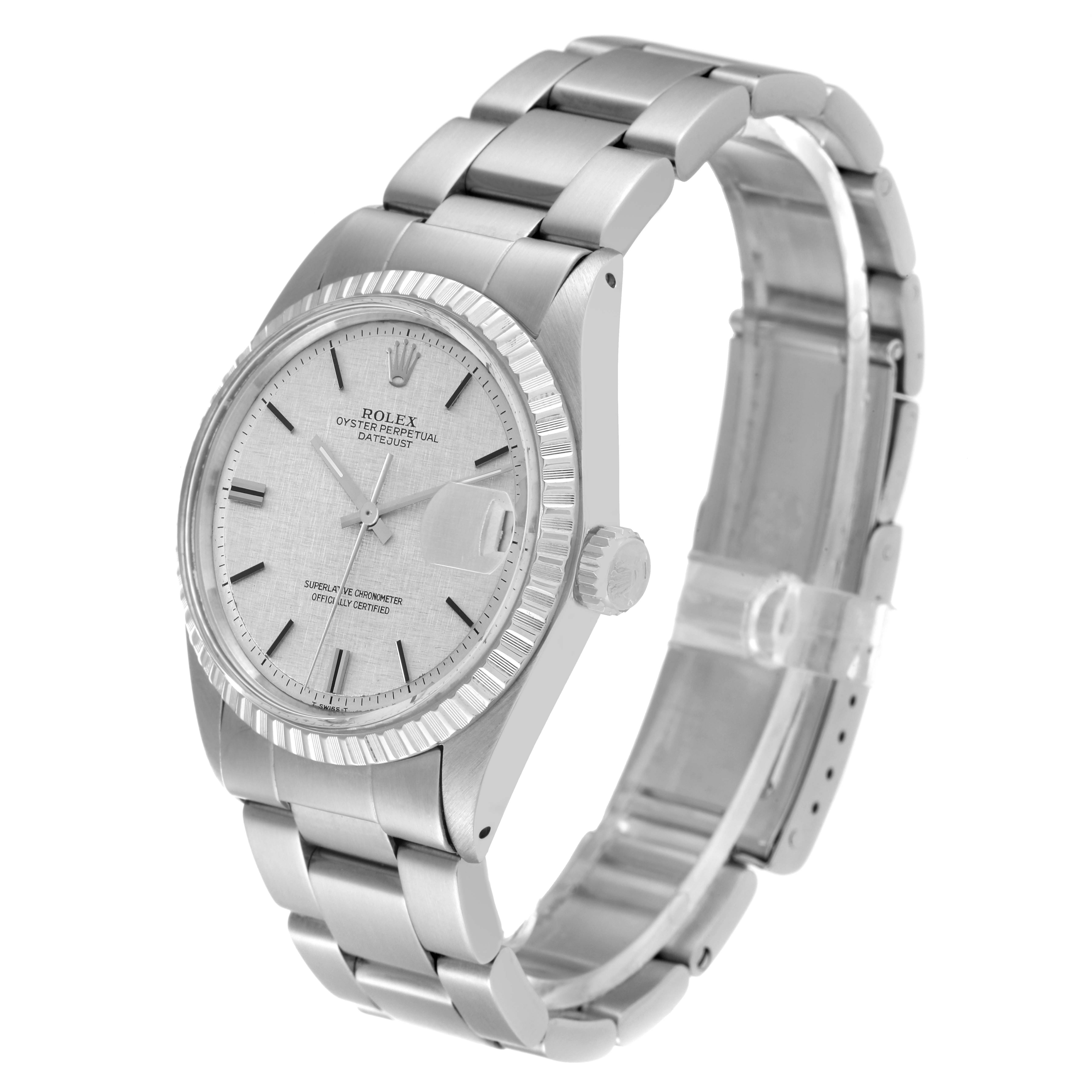 The image shows a side-angled view of a Rolex Vintage Collection 1603 Men's Stainless Steel Silver Dial 1603 Men's Stainless Steel Silver Dial model, displaying the watch face, bezel, crown, and metal bracelet.