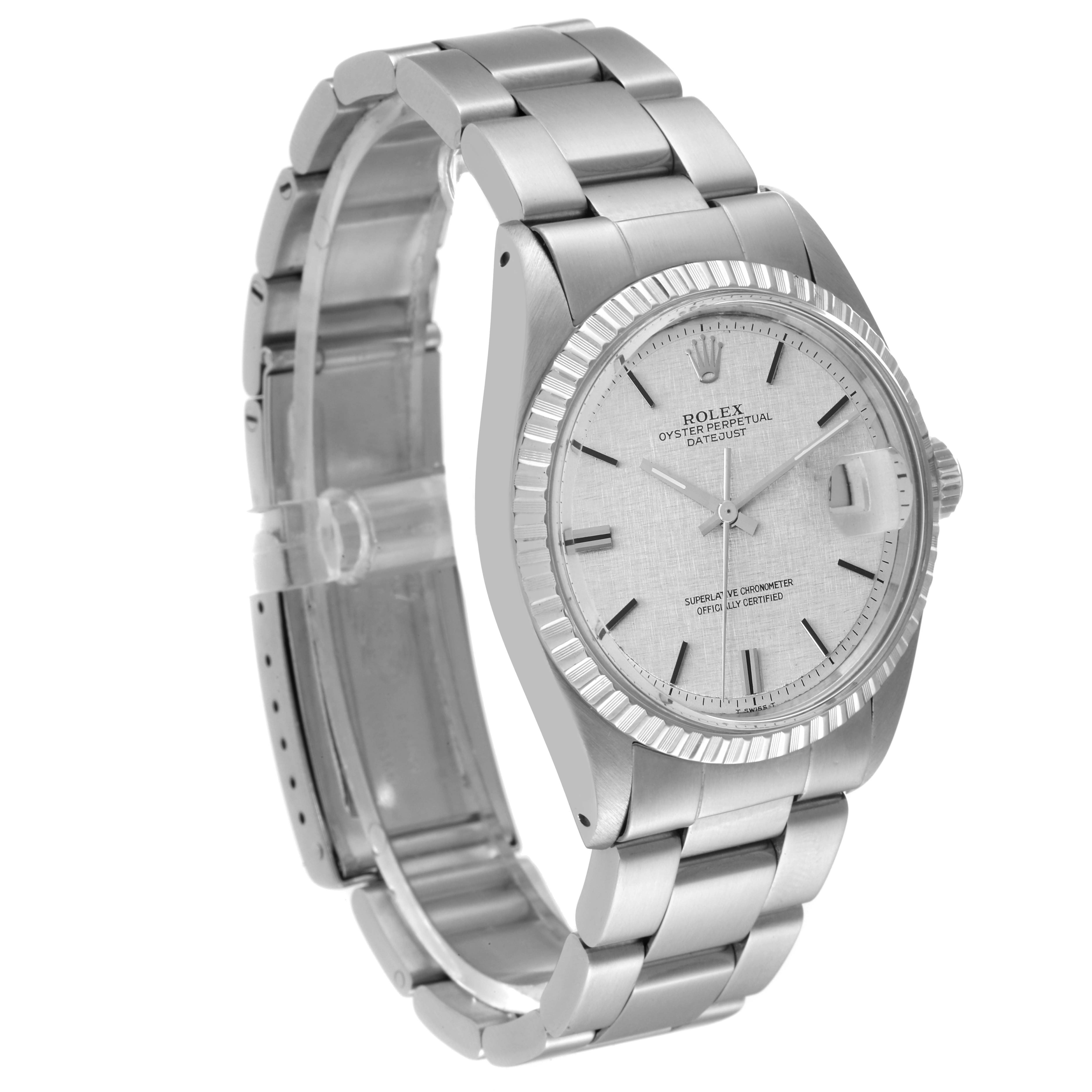 This image shows a Rolex Vintage Collection 1603 Men's Stainless Steel Silver Dial 1603 Men's Stainless Steel Silver Dial Datejust watch from a three-quarter angle, highlighting the dial, bezel, and bracelet.