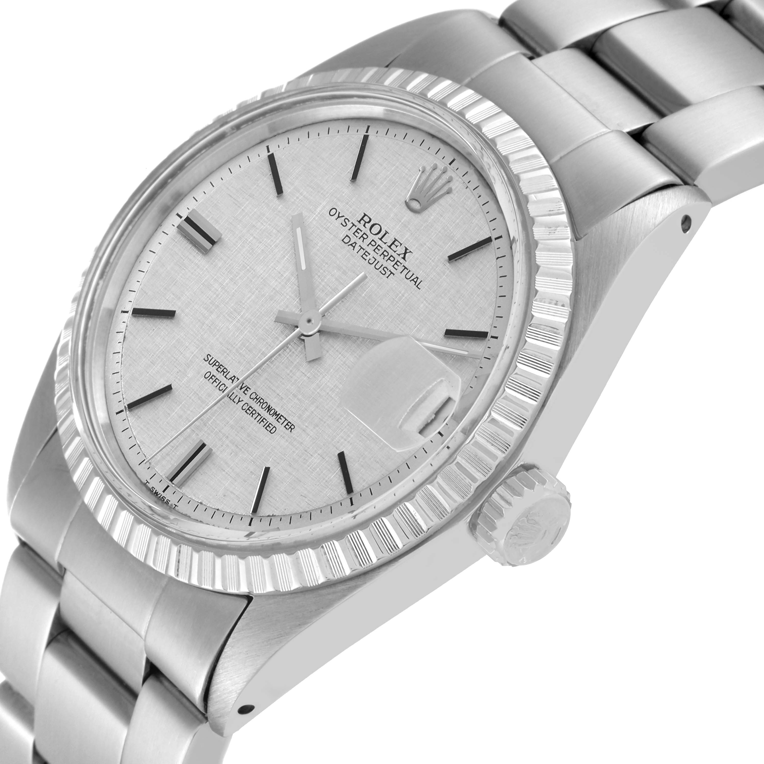 The image shows a close-up, angled view of the face, bezel, crown, and part of the band of a Rolex Vintage Collection 1603 Men's Stainless Steel Silver Dial 1603 Men's Stainless Steel Silver Dial watch.