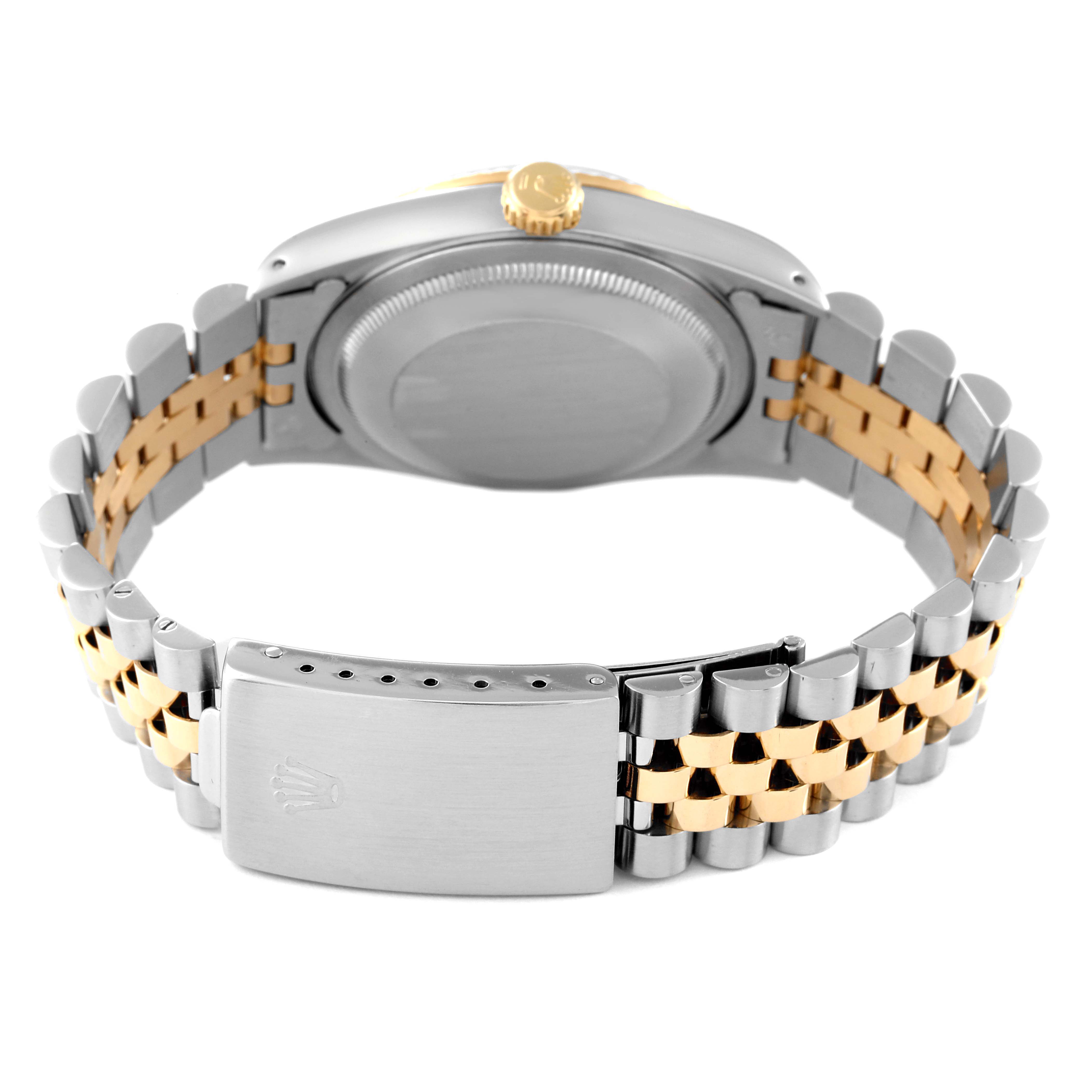 This image shows the rear view of the Rolex Datejust 16233 Men's Steel and Gold (two tone) Black Dial 16233 Men's Steel and Gold (two tone) Black Dial watch, highlighting the clasp and bracelet.