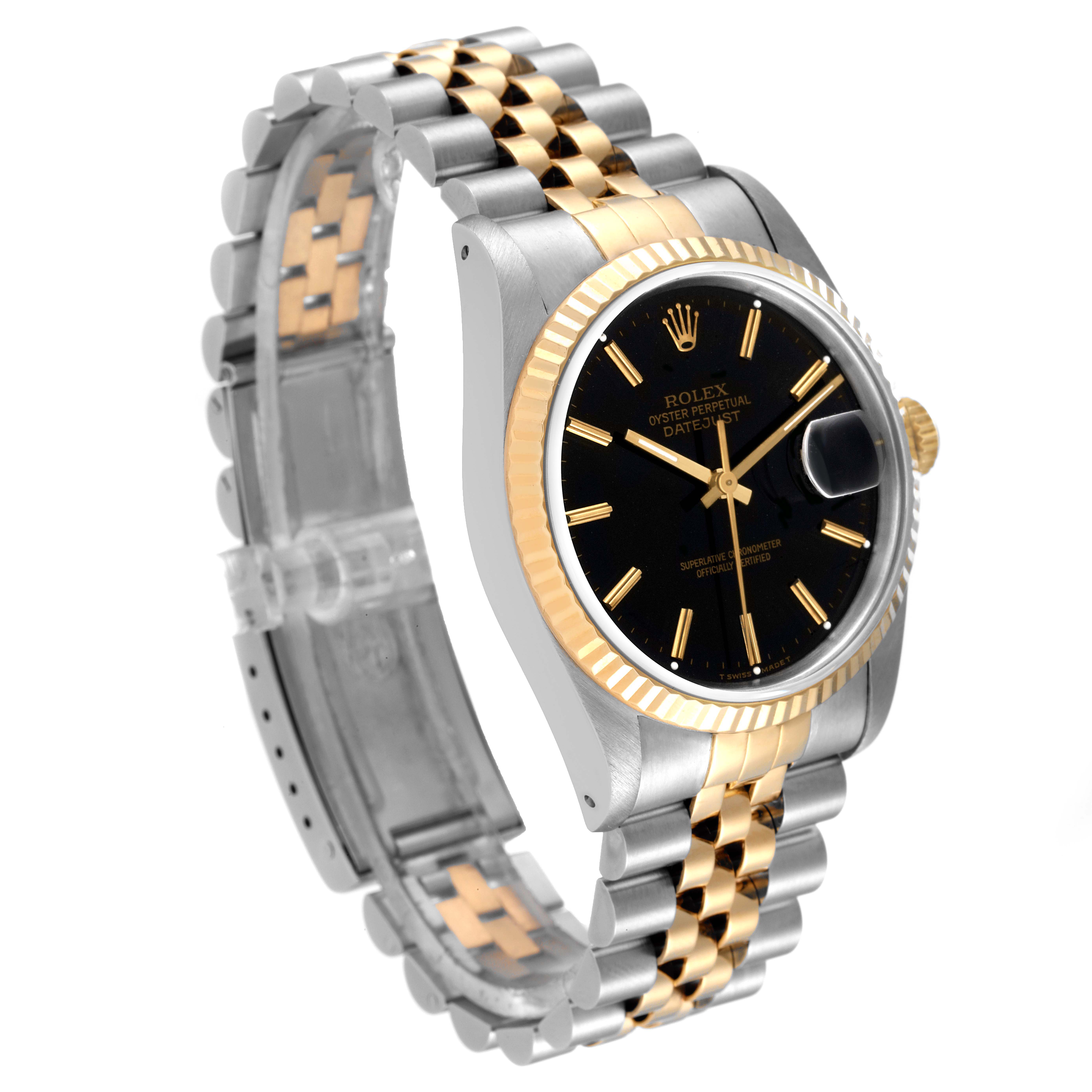 This image shows a three-quarter view of a Rolex Datejust 16233 Men's Steel and Gold (two tone) Black Dial 16233 Men's Steel and Gold (two tone) Black Dial watch, highlighting its black dial, two-tone bracelet, and fluted bezel.