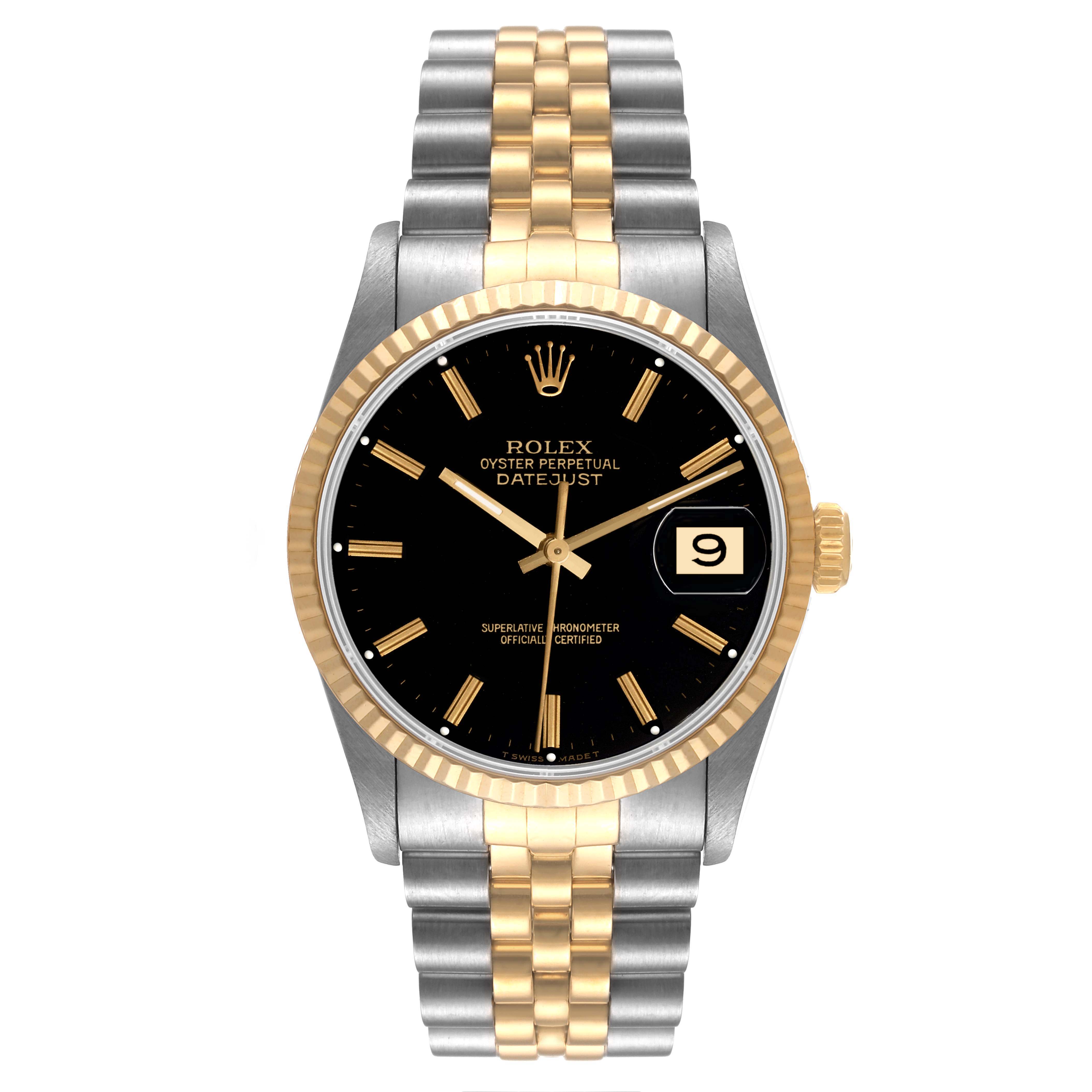 This image shows the front view of the Rolex Datejust 16233 Men's Steel and Gold (two tone) Black Dial 16233 Men's Steel and Gold (two tone) Black Dial watch, highlighting the dial, date window, crown, and two-tone bracelet.