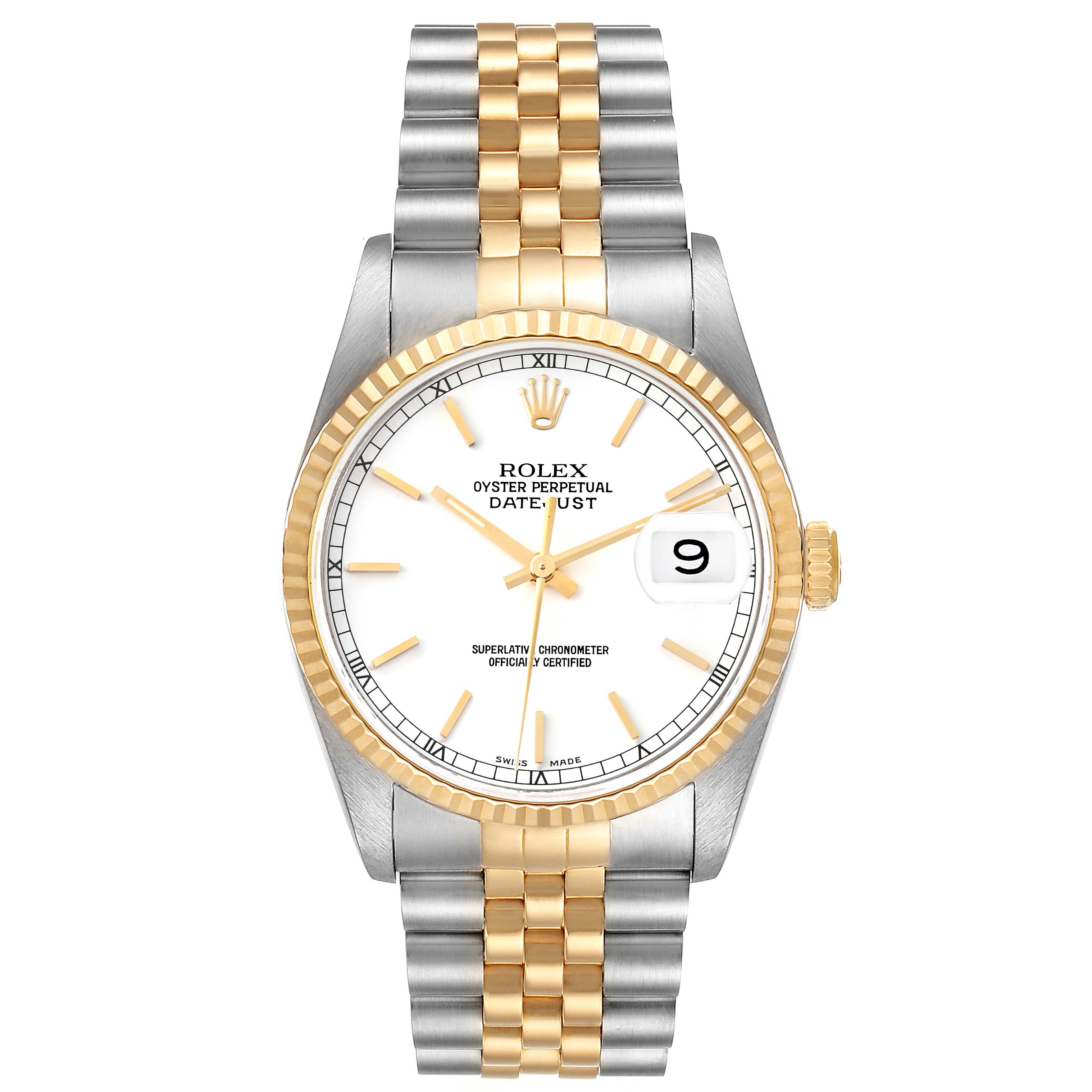 The image shows a front view of a Rolex Datejust 16233 Men's Steel and Gold (two tone) White Dial 16233 Men's Steel and Gold (two tone) White Dial watch, displaying its dial, bezel, and two-tone Jubilee bracelet.