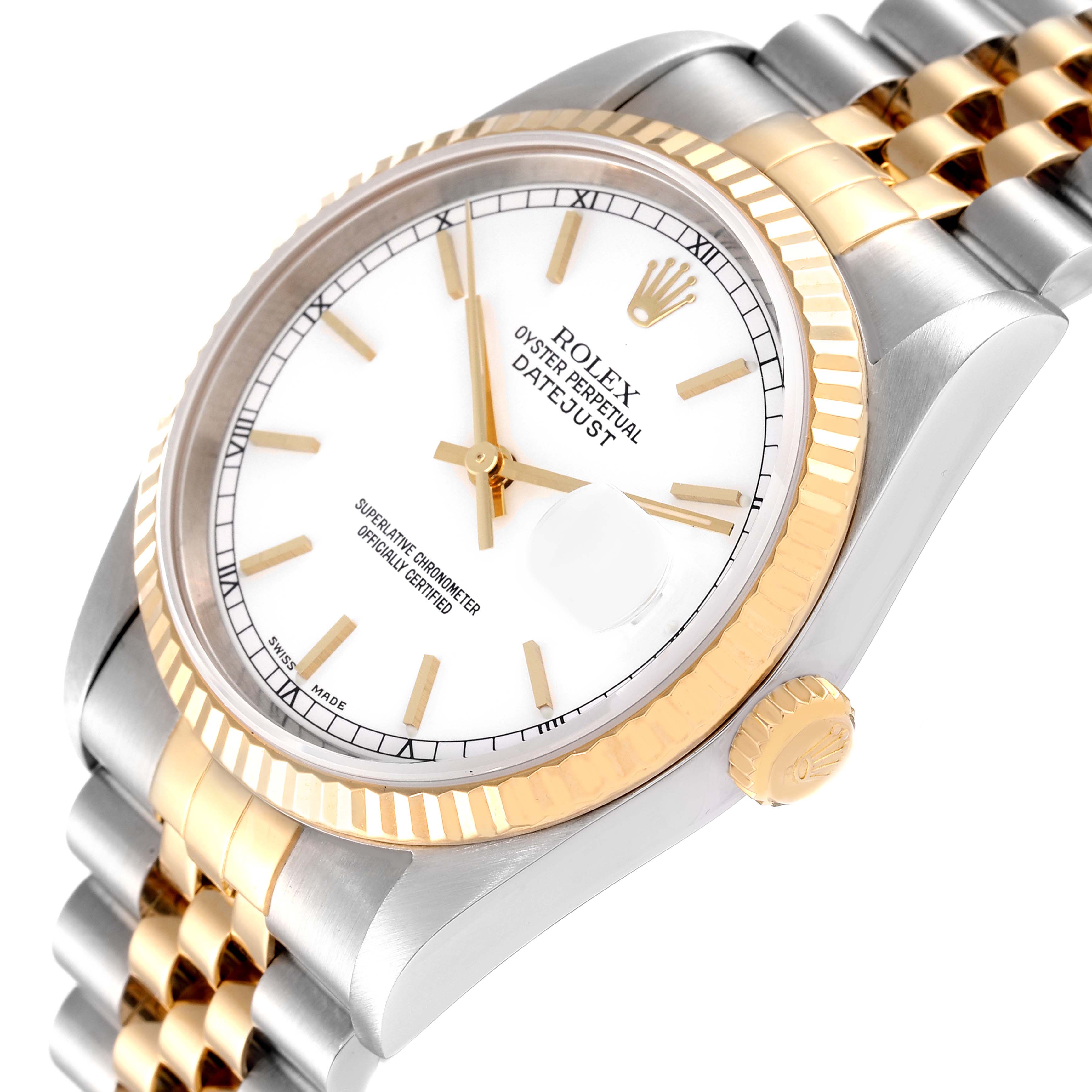 This Rolex Datejust 16233 Men's Steel and Gold (two tone) White Dial 16233 Men's Steel and Gold (two tone) White Dial watch is shown at a slight angle, featuring its bezel, crown, dial, and part of the bracelet.