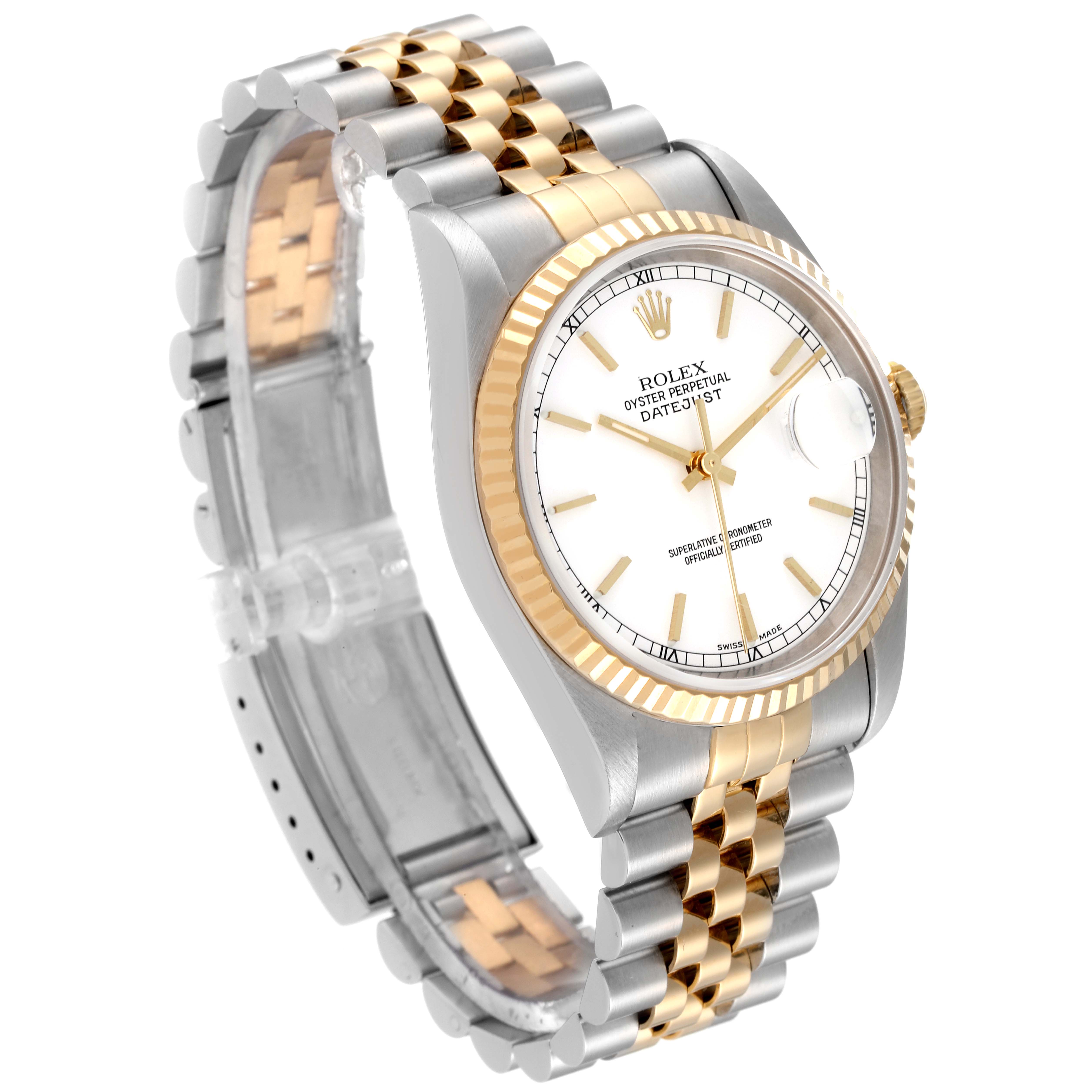 This image shows a side angle of the Rolex Datejust 16233 Men's Steel and Gold (two tone) White Dial 16233 Men's Steel and Gold (two tone) White Dial watch, highlighting its Jubilee bracelet and fluted bezel.
