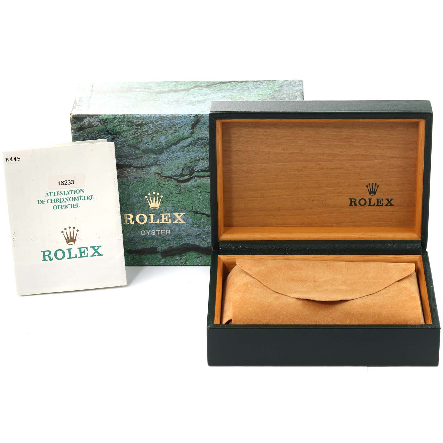 The image shows the packaging for a Rolex Datejust 16233 Men's Steel and Gold (two tone) White Dial 16233 Men's Steel and Gold (two tone) White Dial, including the outer box, inner wooden case, and an instruction booklet.