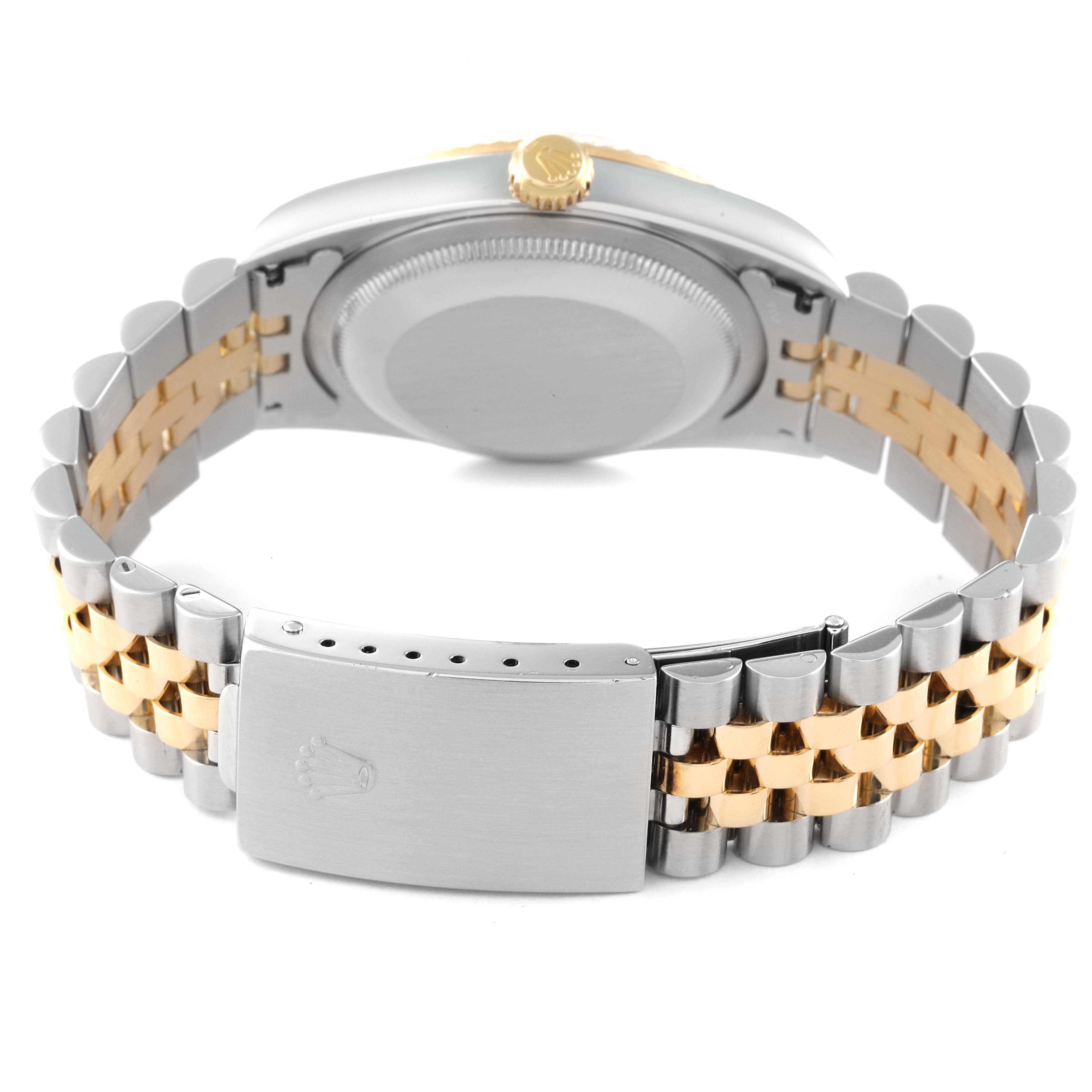 The image shows the back case and bracelet of a Rolex Datejust 16233 Men's Steel and Gold (two tone) White Dial 16233 Men's Steel and Gold (two tone) White Dial watch, featuring a two-tone metal design.